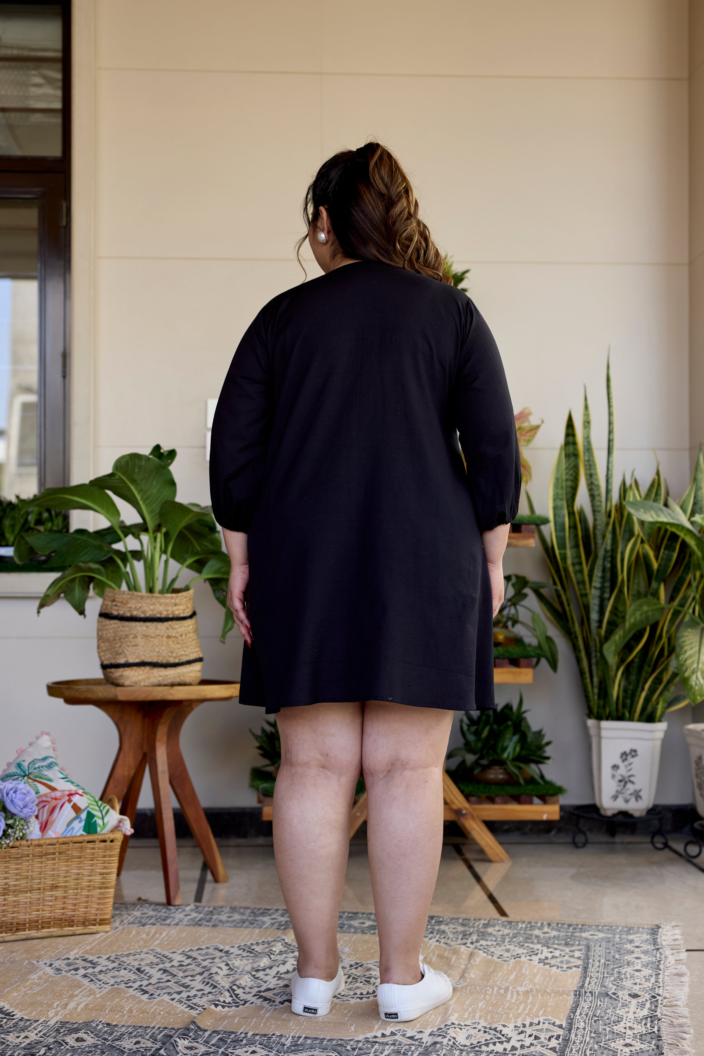 Women's Pitch Black Short Linen Dress - Nangalia Ruchira