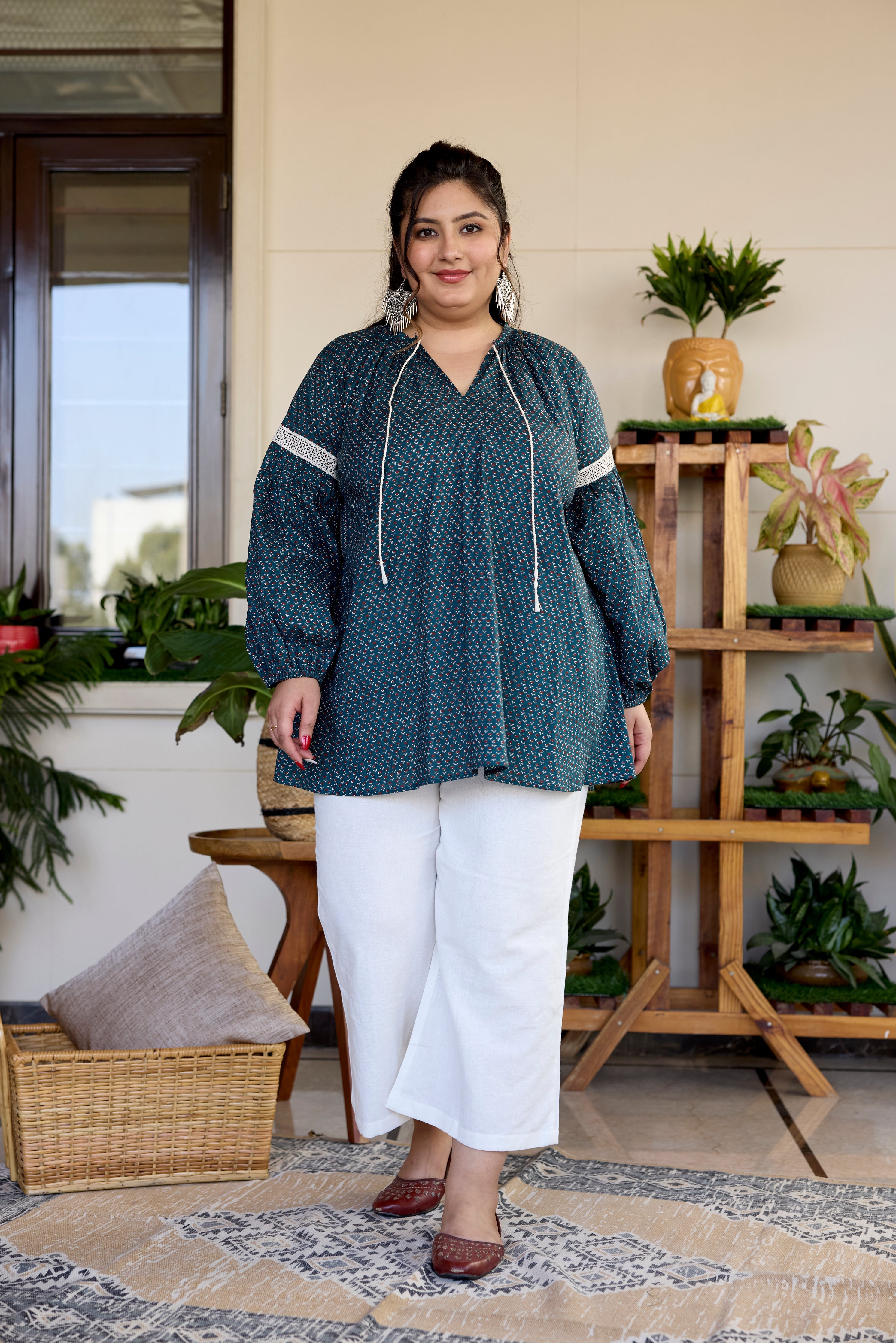 Women's Earthy Green  Cotton Sanganeri Print Top (Only Top) - Nangalia Ruchira