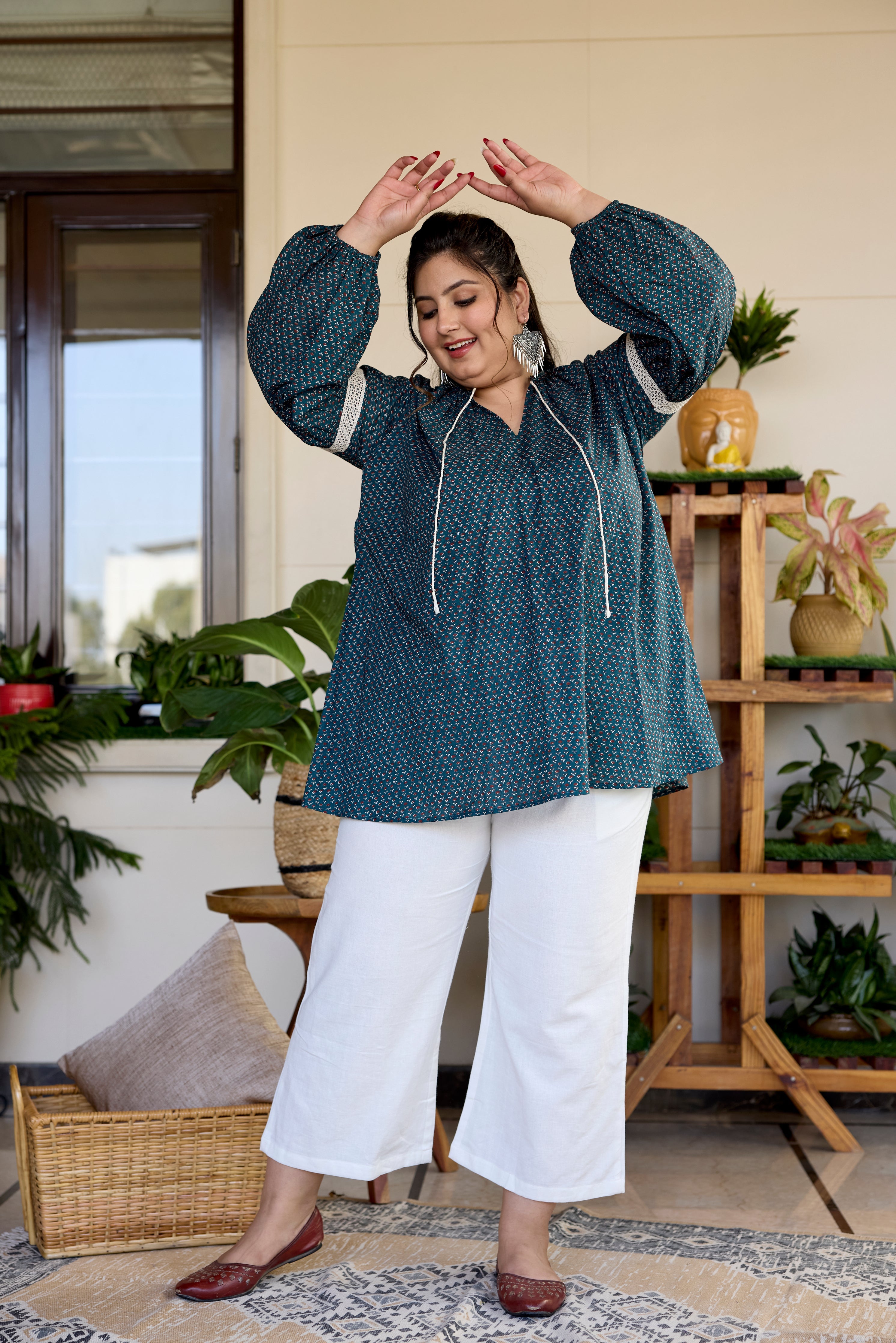 Women's Earthy Green  Cotton Sanganeri Print Top (Only Top) - Nangalia Ruchira