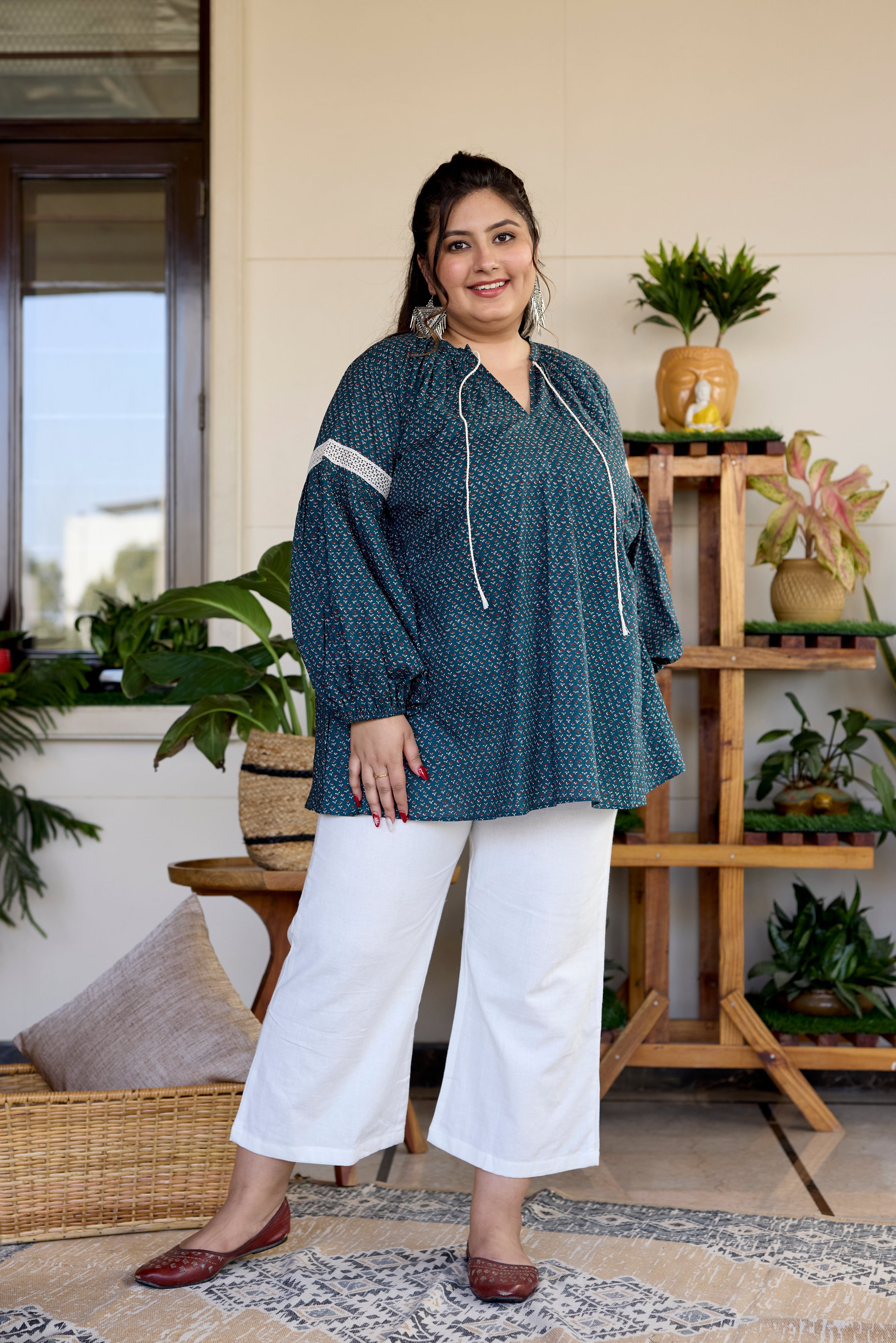 Women's Earthy Green  Cotton Sanganeri Print Top (Only Top) - Nangalia Ruchira