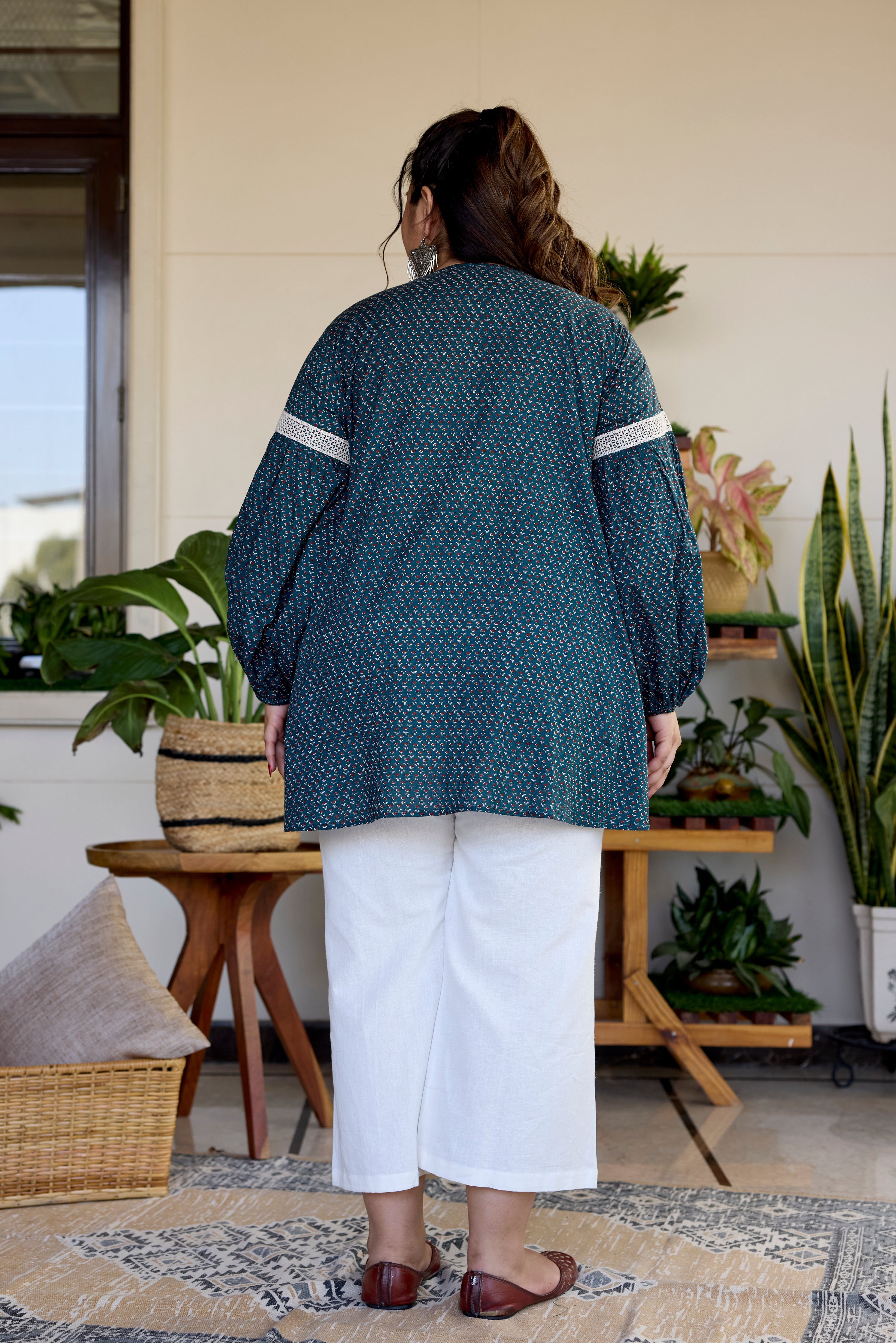 Women's Earthy Green  Cotton Sanganeri Print Top (Only Top) - Nangalia Ruchira