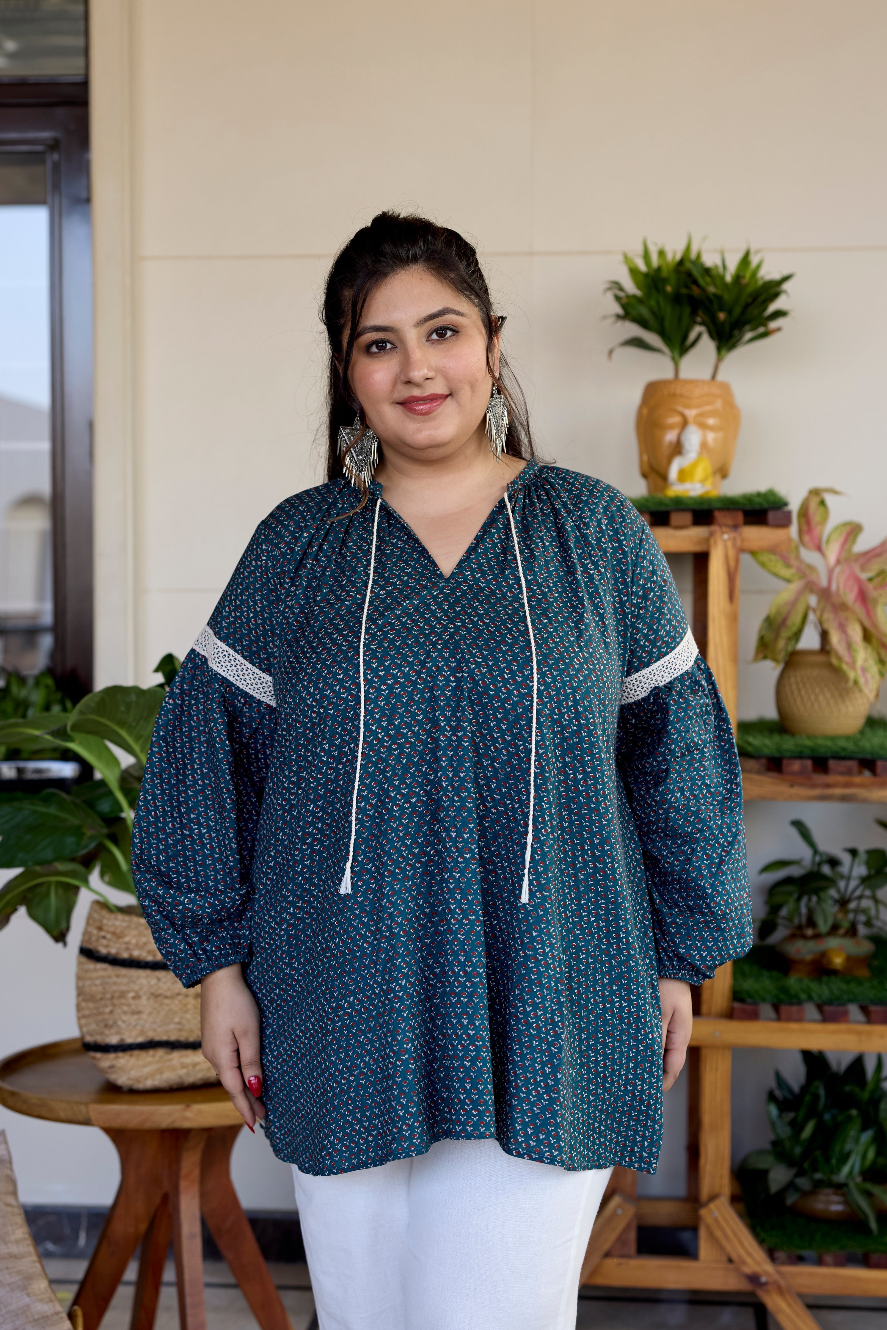 Women's Earthy Green  Cotton Sanganeri Print Top (Only Top) - Nangalia Ruchira