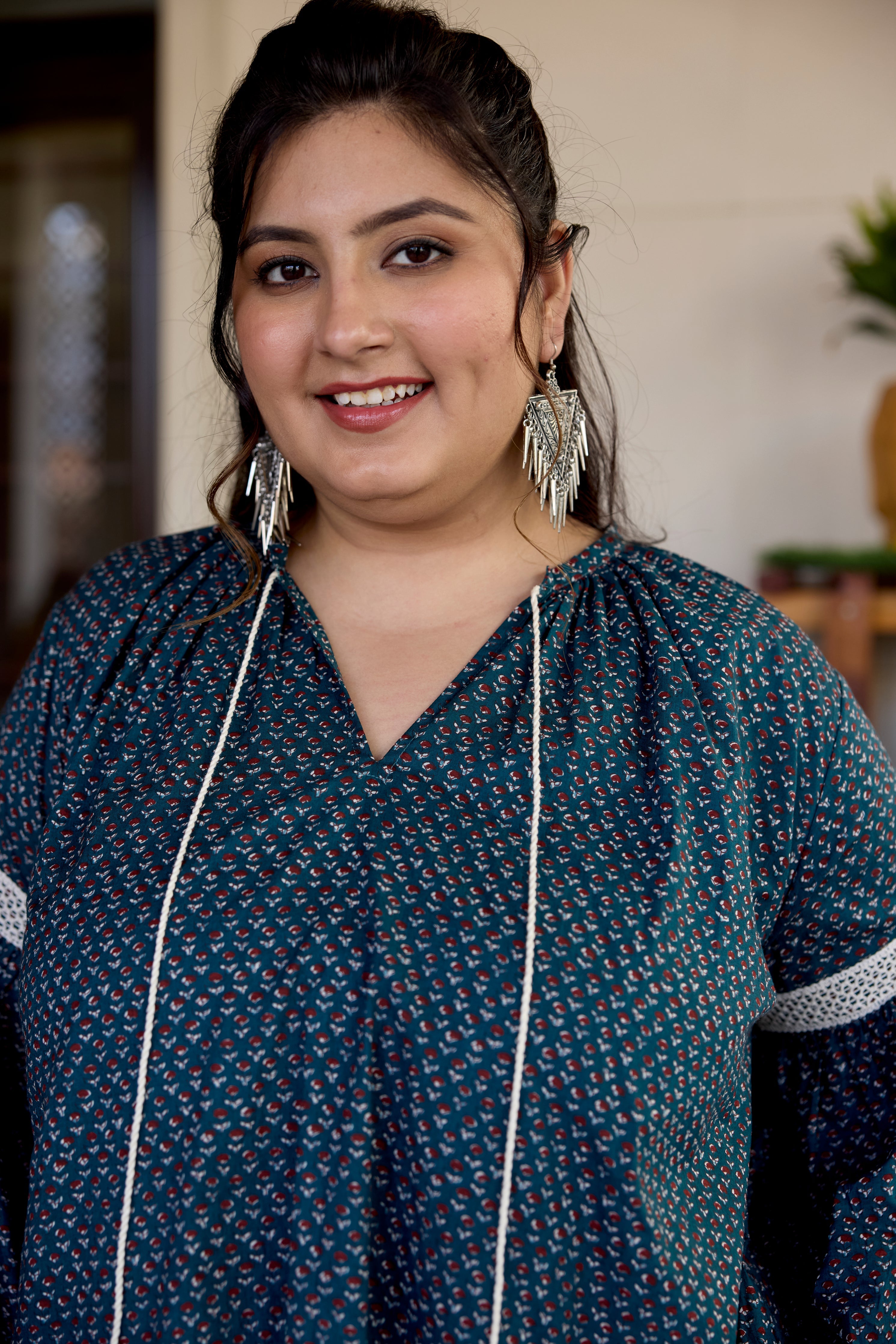 Women's Earthy Green  Cotton Sanganeri Print Top (Only Top) - Nangalia Ruchira