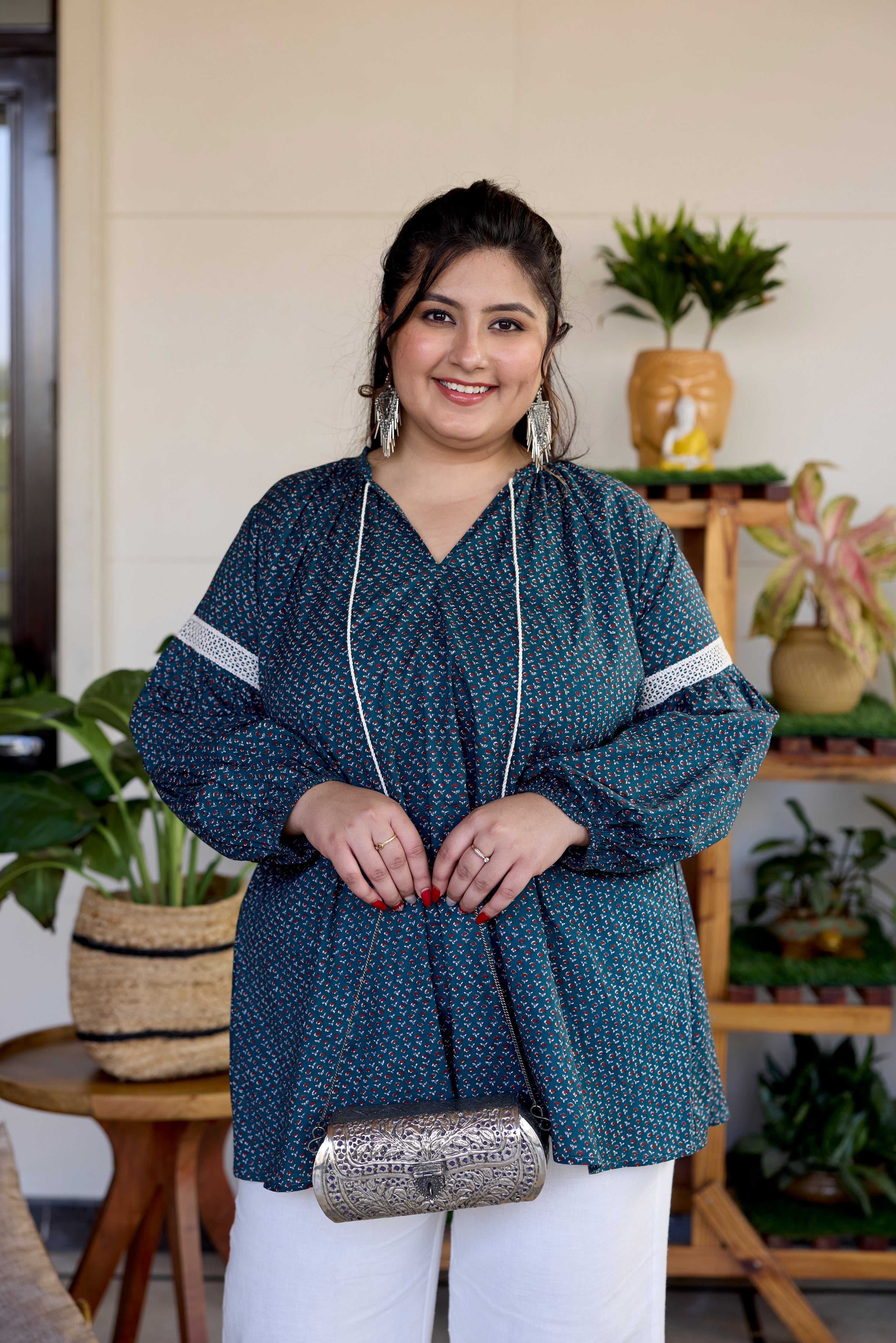 Women's Earthy Green  Cotton Sanganeri Print Top (Only Top) - Nangalia Ruchira