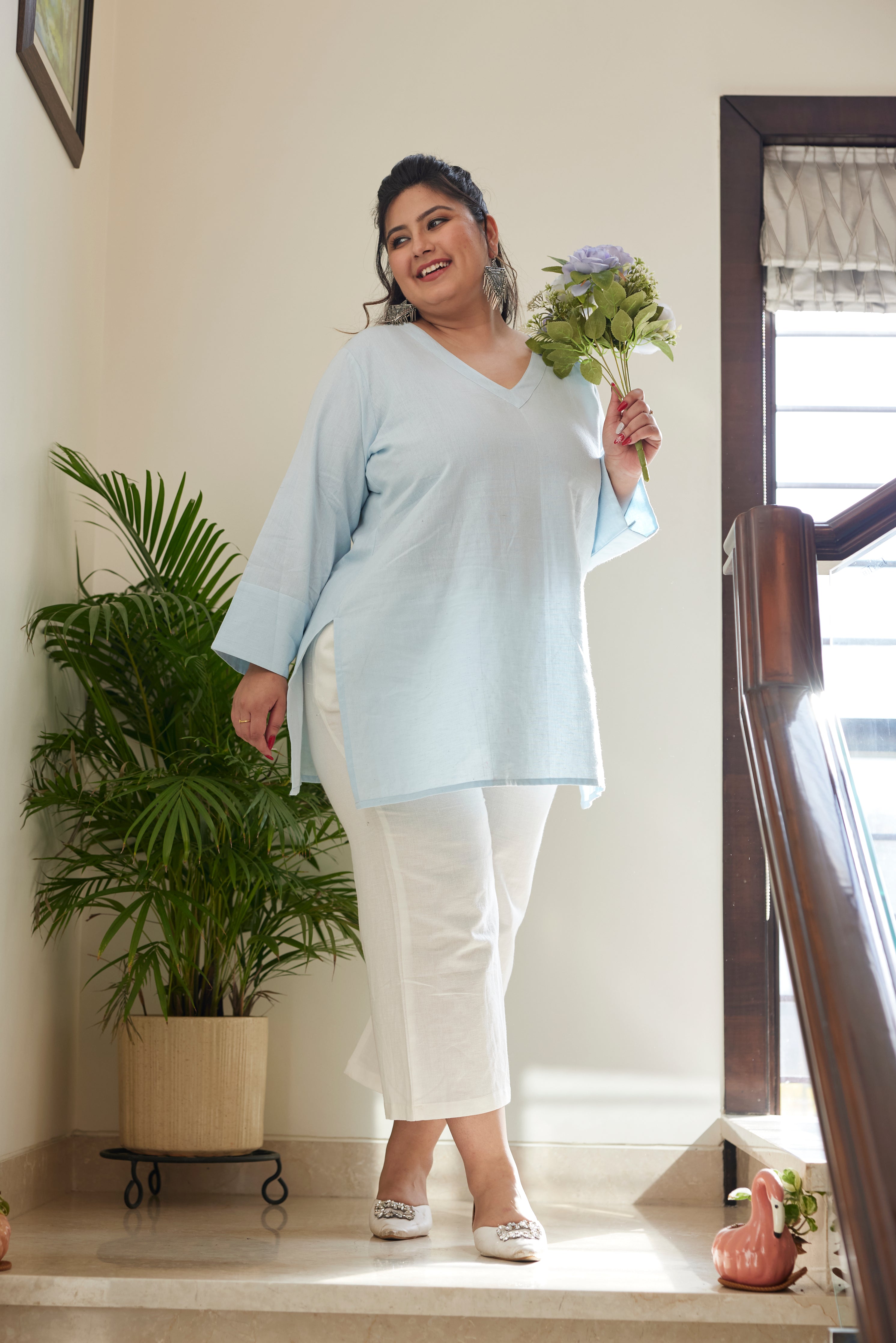 Women's Sky Blue Linen V Neck Short Top (Only Top) - Nangalia Ruchira
