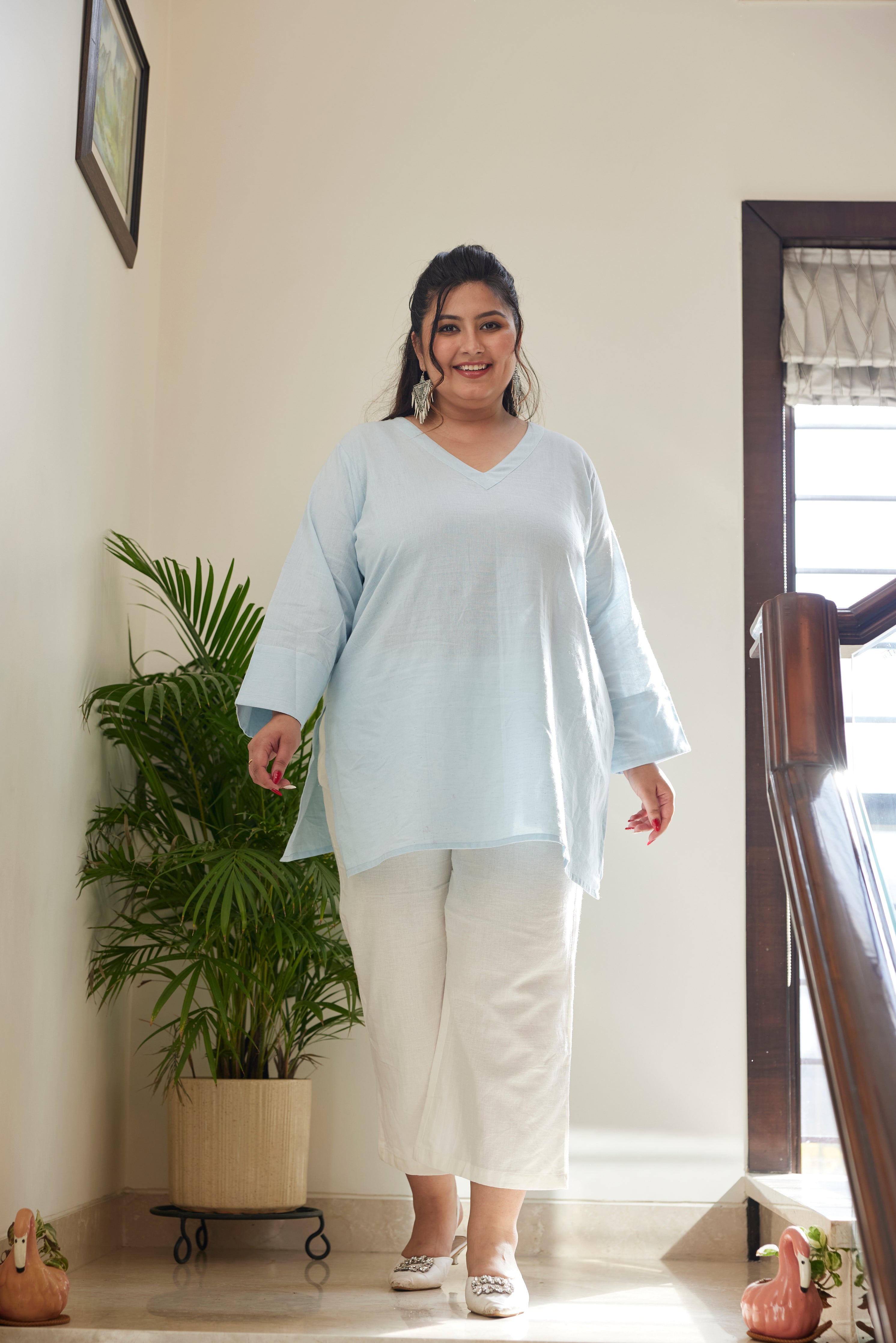 Women's Sky Blue Linen V Neck Short Top (Only Top) - Nangalia Ruchira