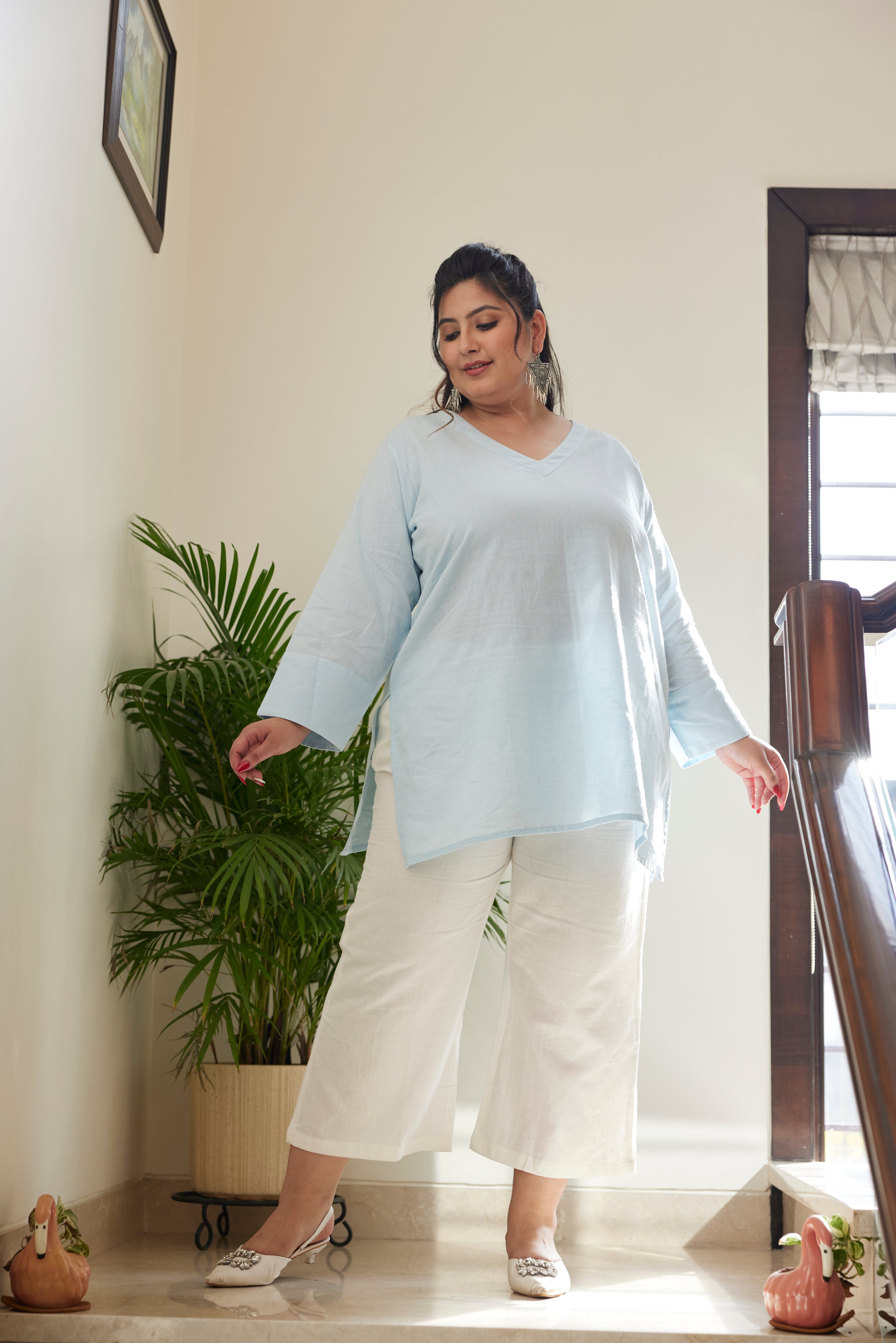 Women's Sky Blue Linen V Neck Short Top (Only Top) - Nangalia Ruchira