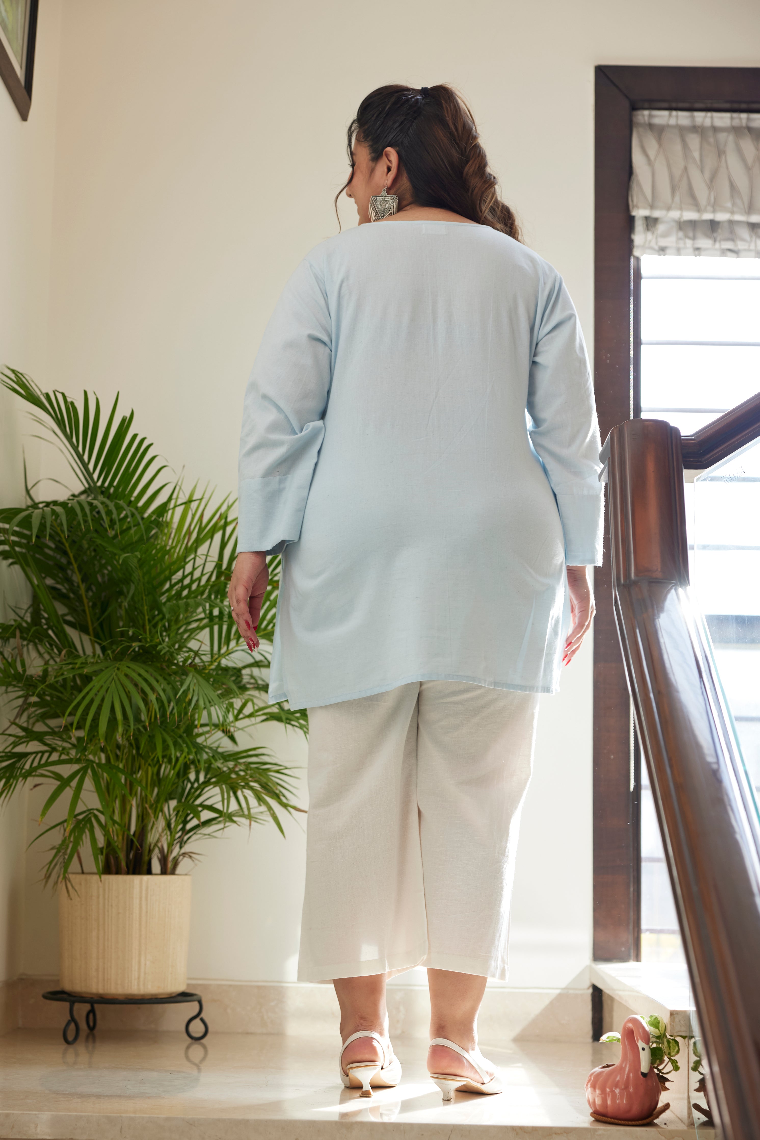 Women's Sky Blue Linen V Neck Short Top (Only Top) - Nangalia Ruchira