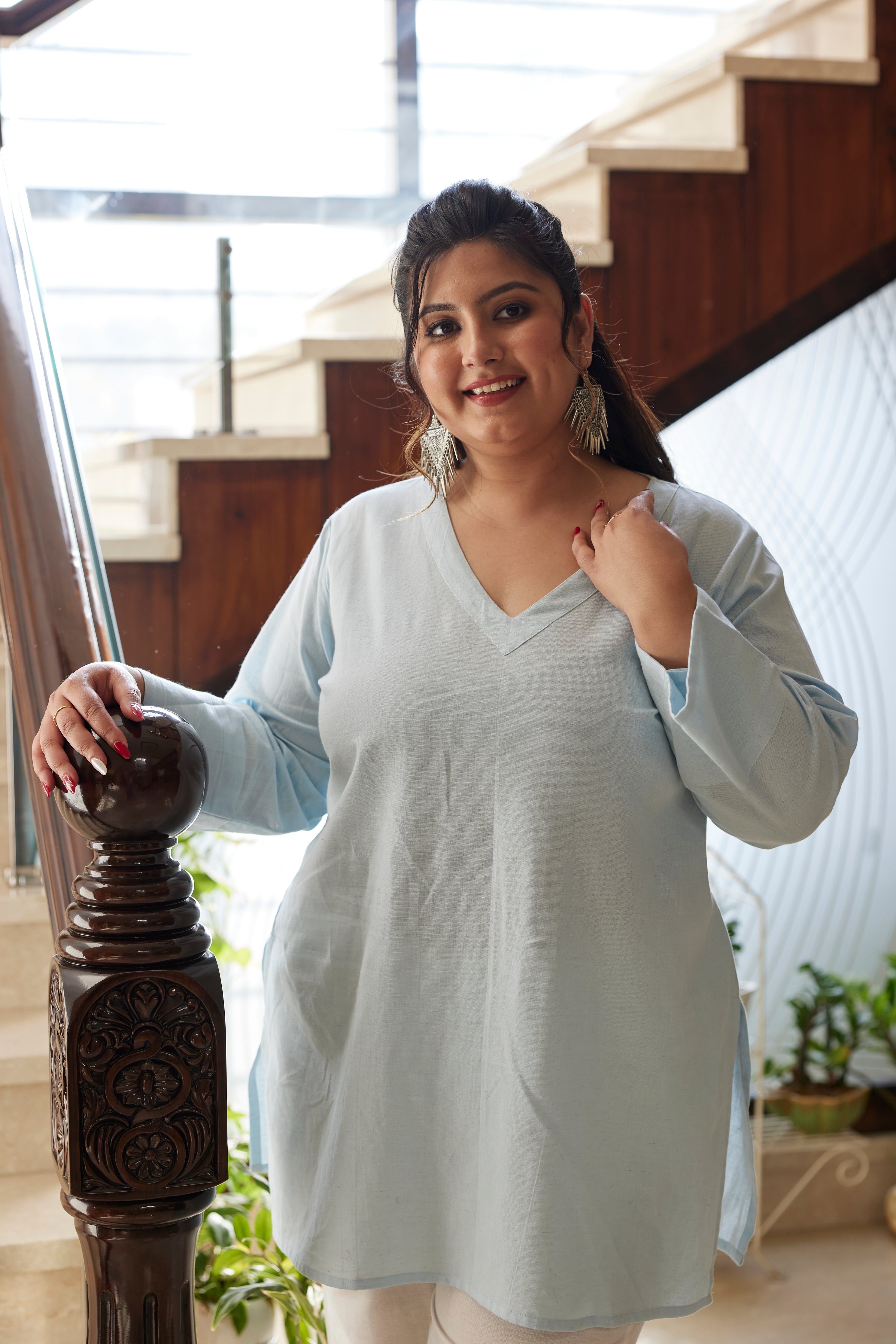 Women's Sky Blue Linen V Neck Short Top (Only Top) - Nangalia Ruchira