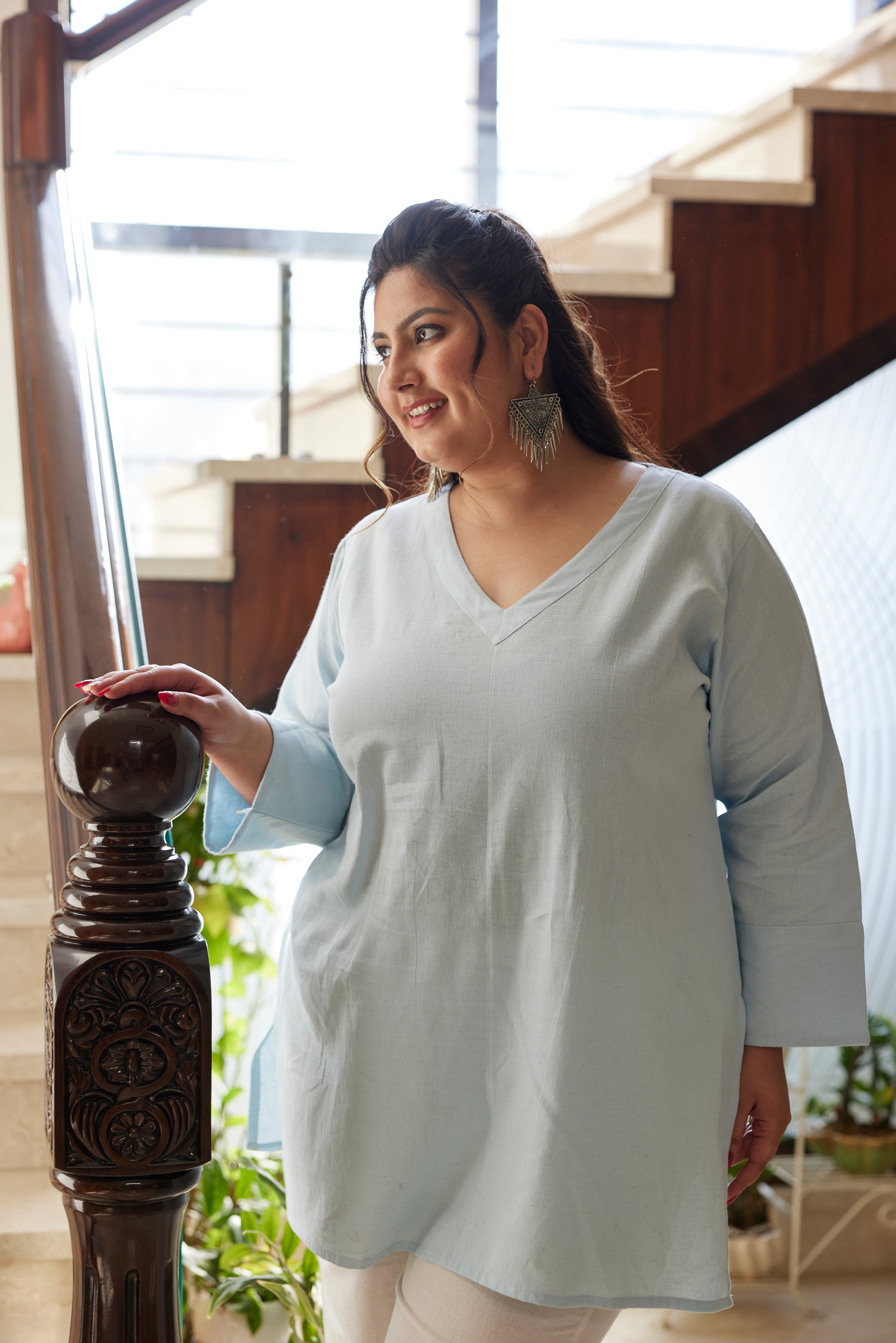 Women's Sky Blue Linen V Neck Short Top (Only Top) - Nangalia Ruchira
