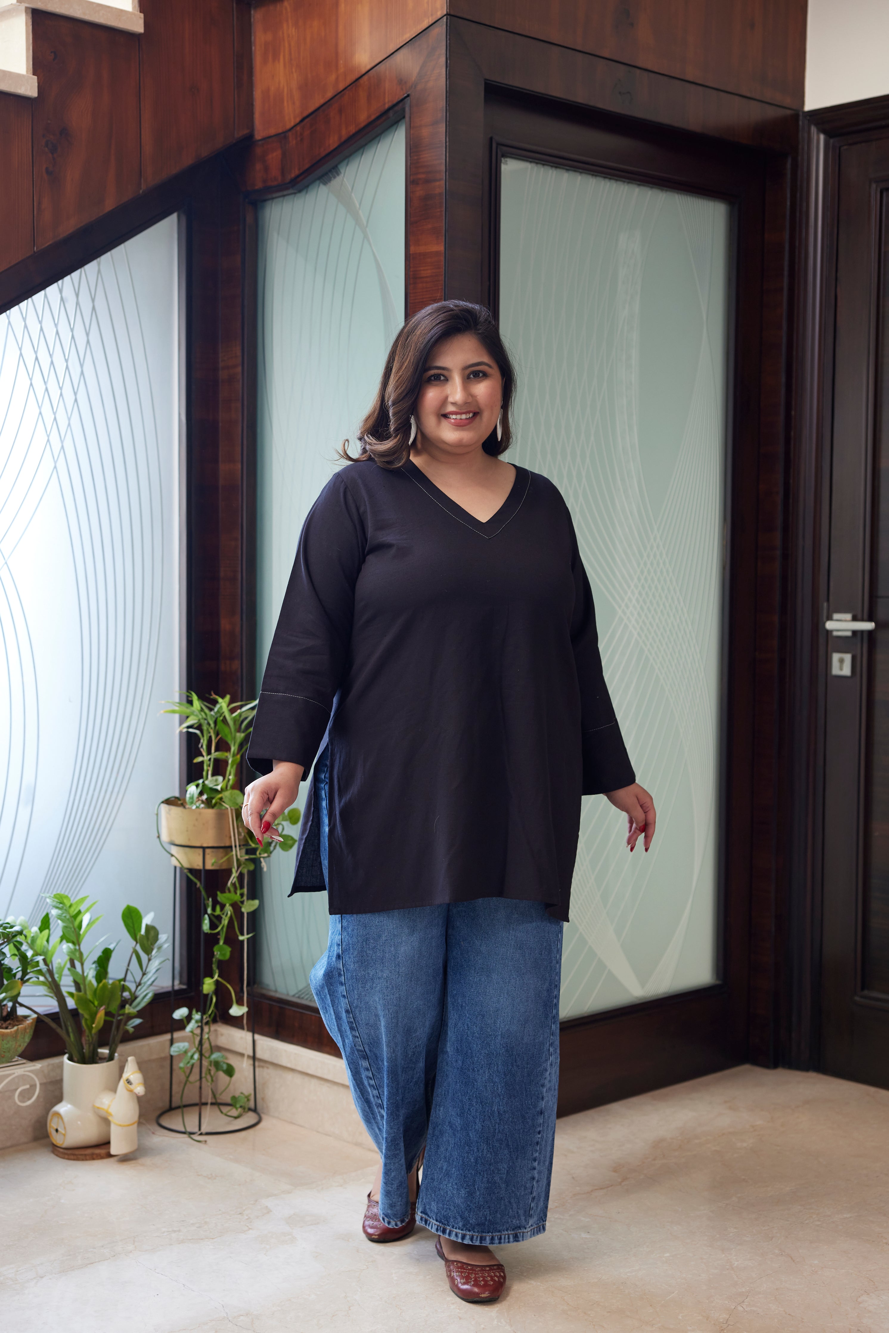 Women's Black V-Neck Linen Short Top ( Only Top) - Nangalia Ruchira