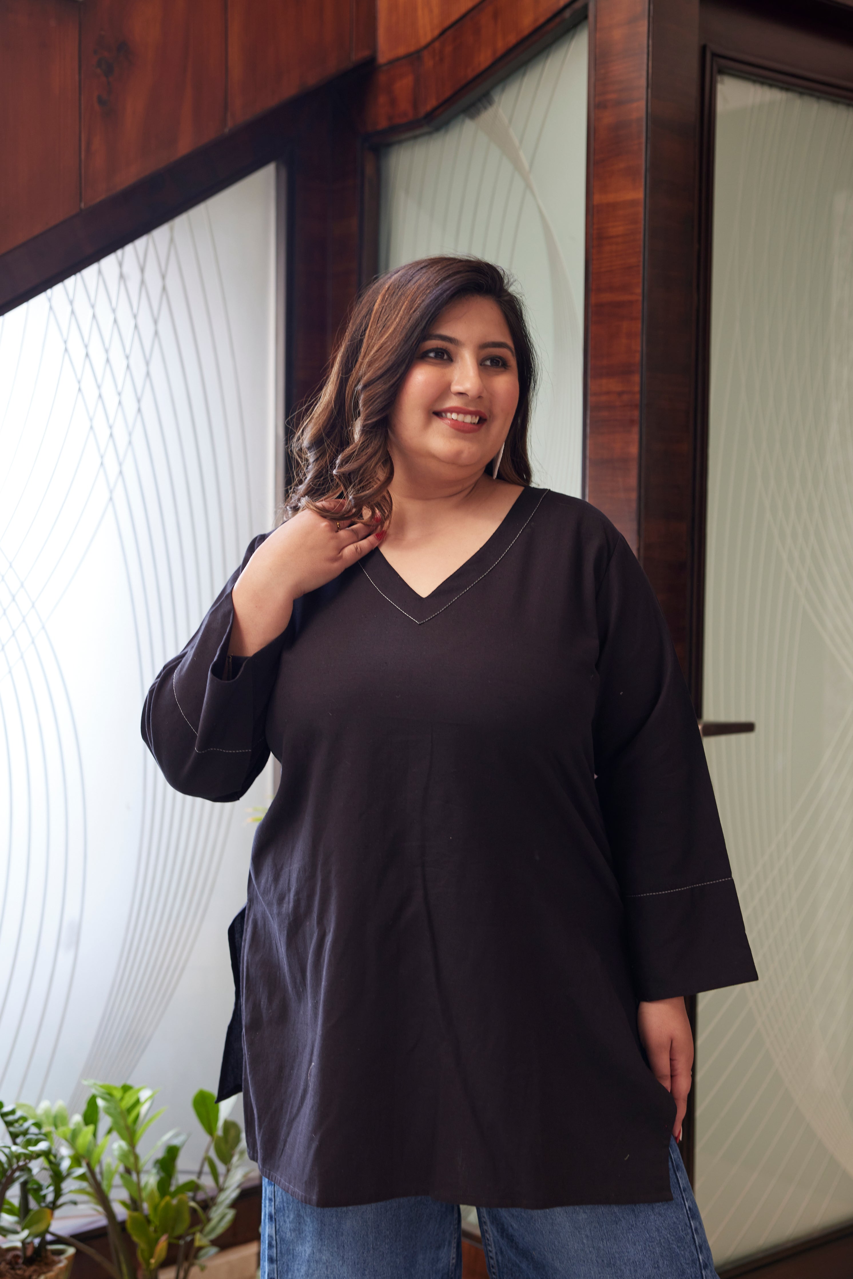 Women's Black V-Neck Linen Short Top ( Only Top) - Nangalia Ruchira