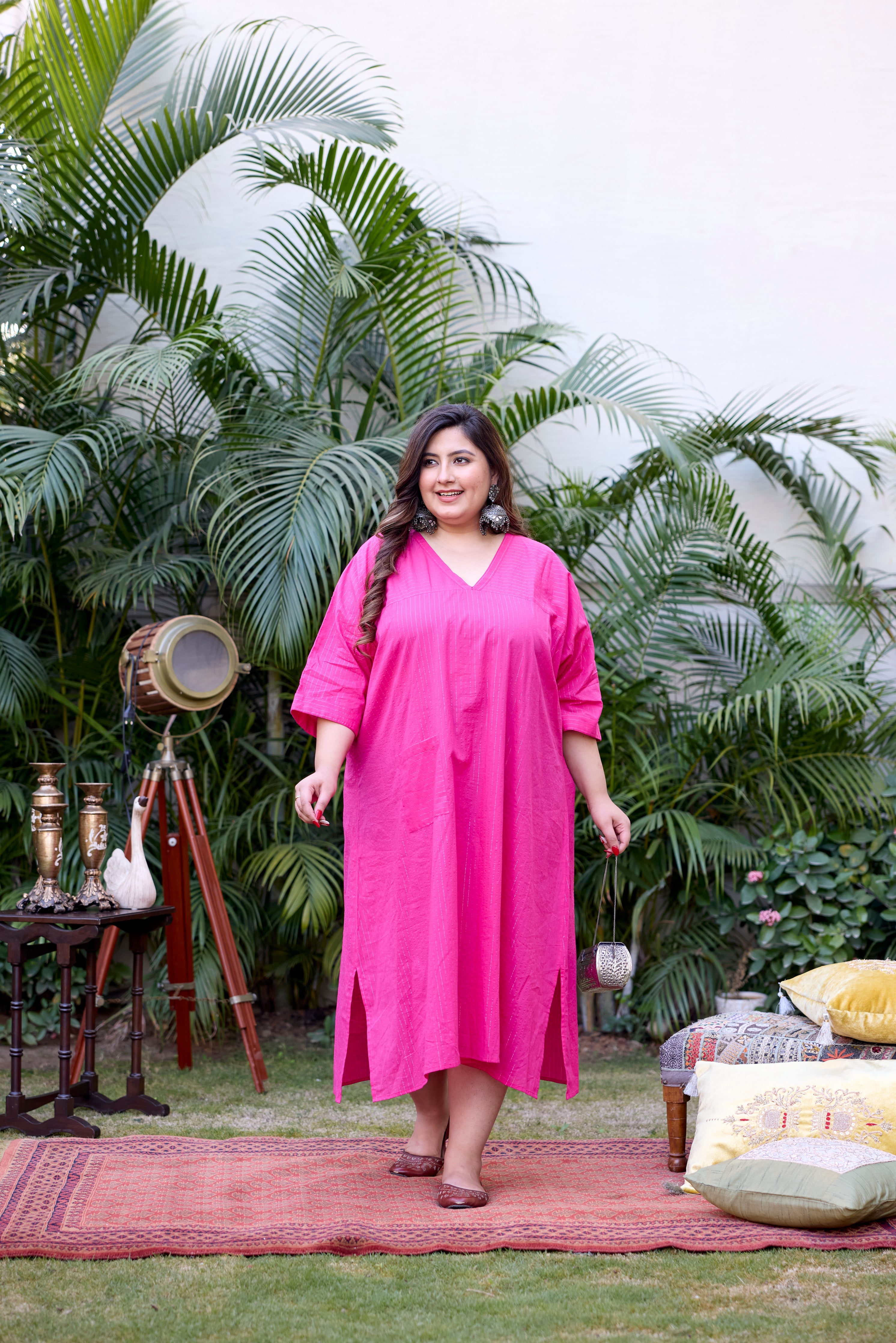 Women's Pink Lurex V-Neck Anti-Fit Dress - Nangalia Ruchira