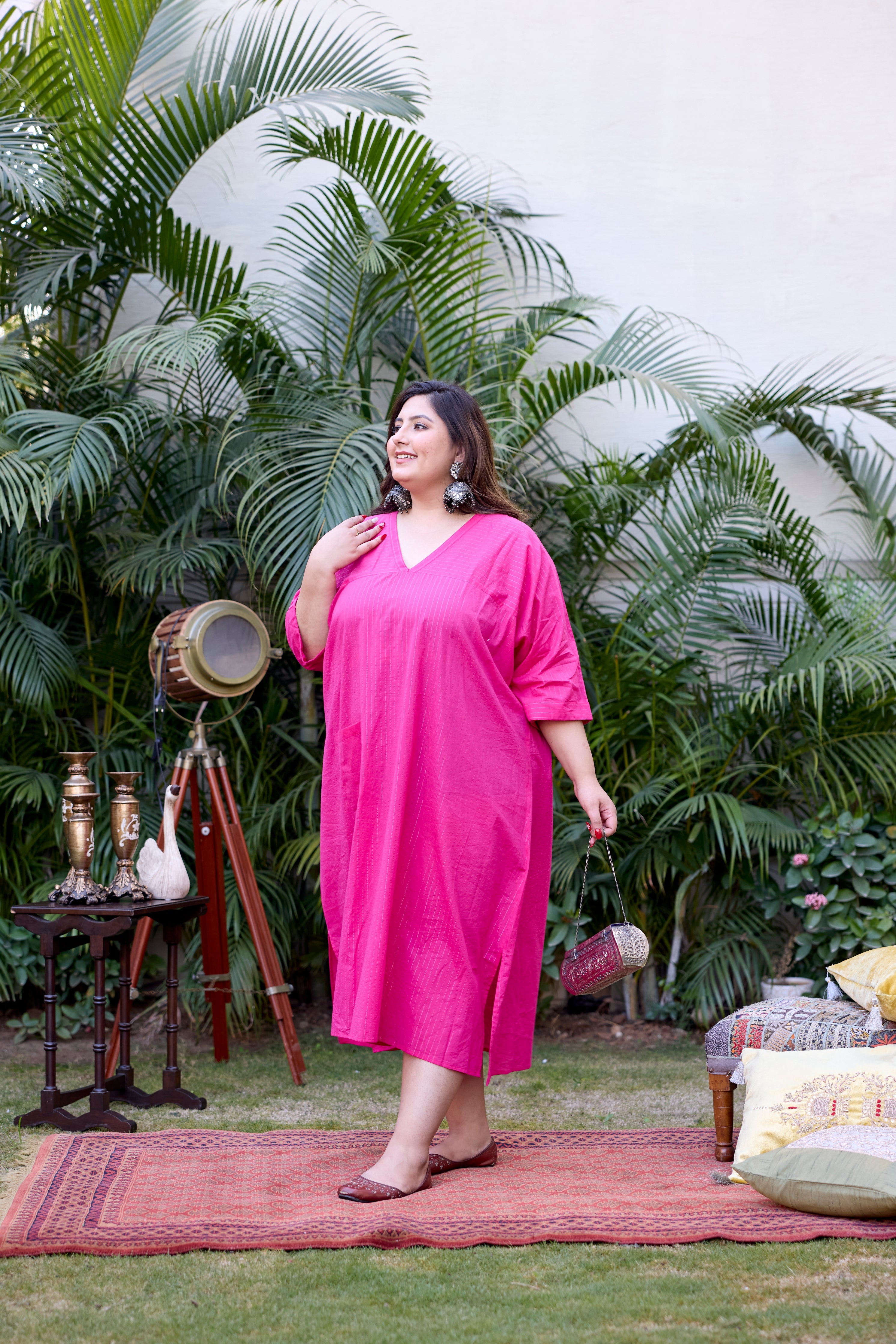 Women's Pink Lurex V-Neck Anti-Fit Dress - Nangalia Ruchira
