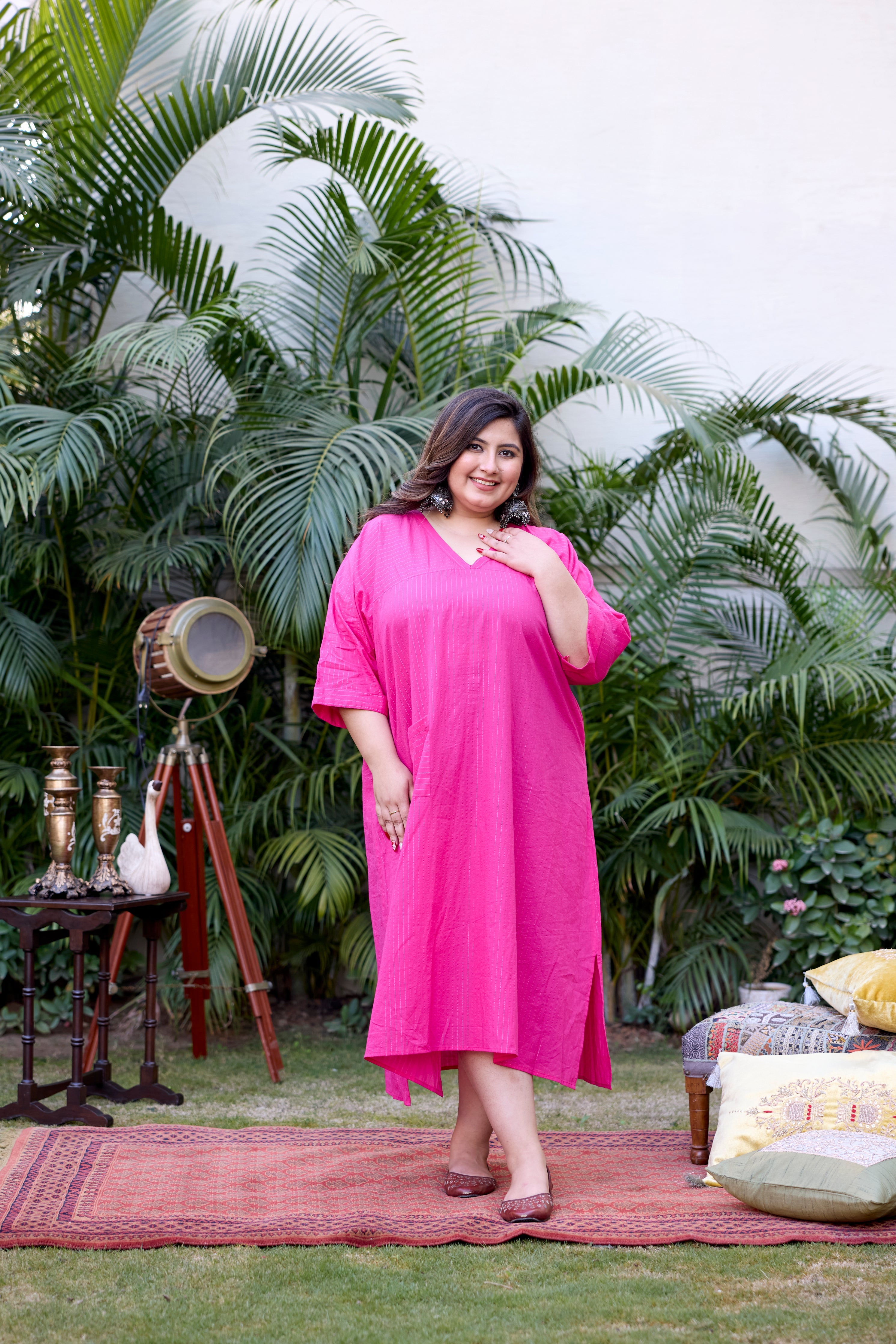 Women's Pink Lurex V-Neck Anti-Fit Dress - Nangalia Ruchira