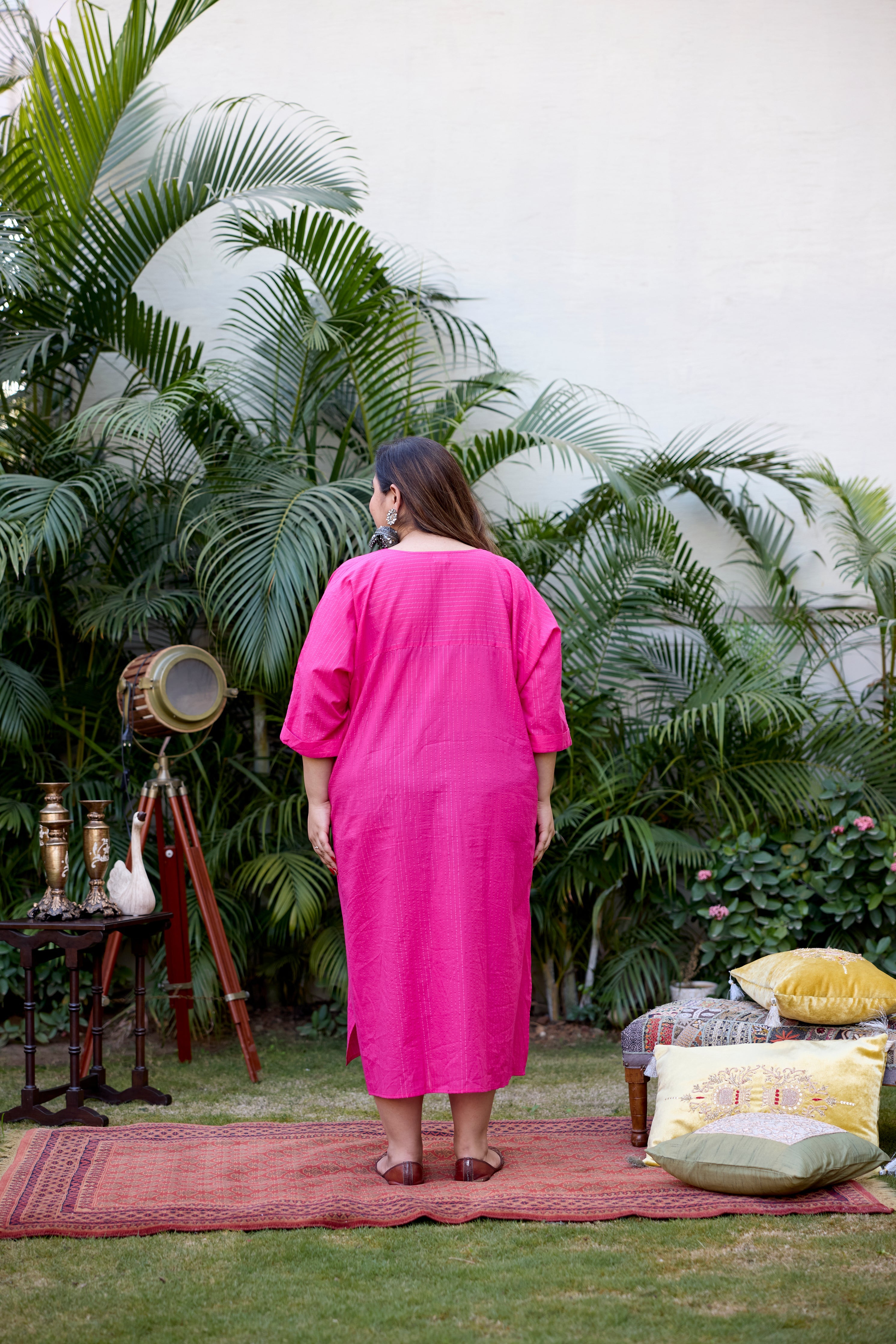 Women's Pink Lurex V-Neck Anti-Fit Dress - Nangalia Ruchira