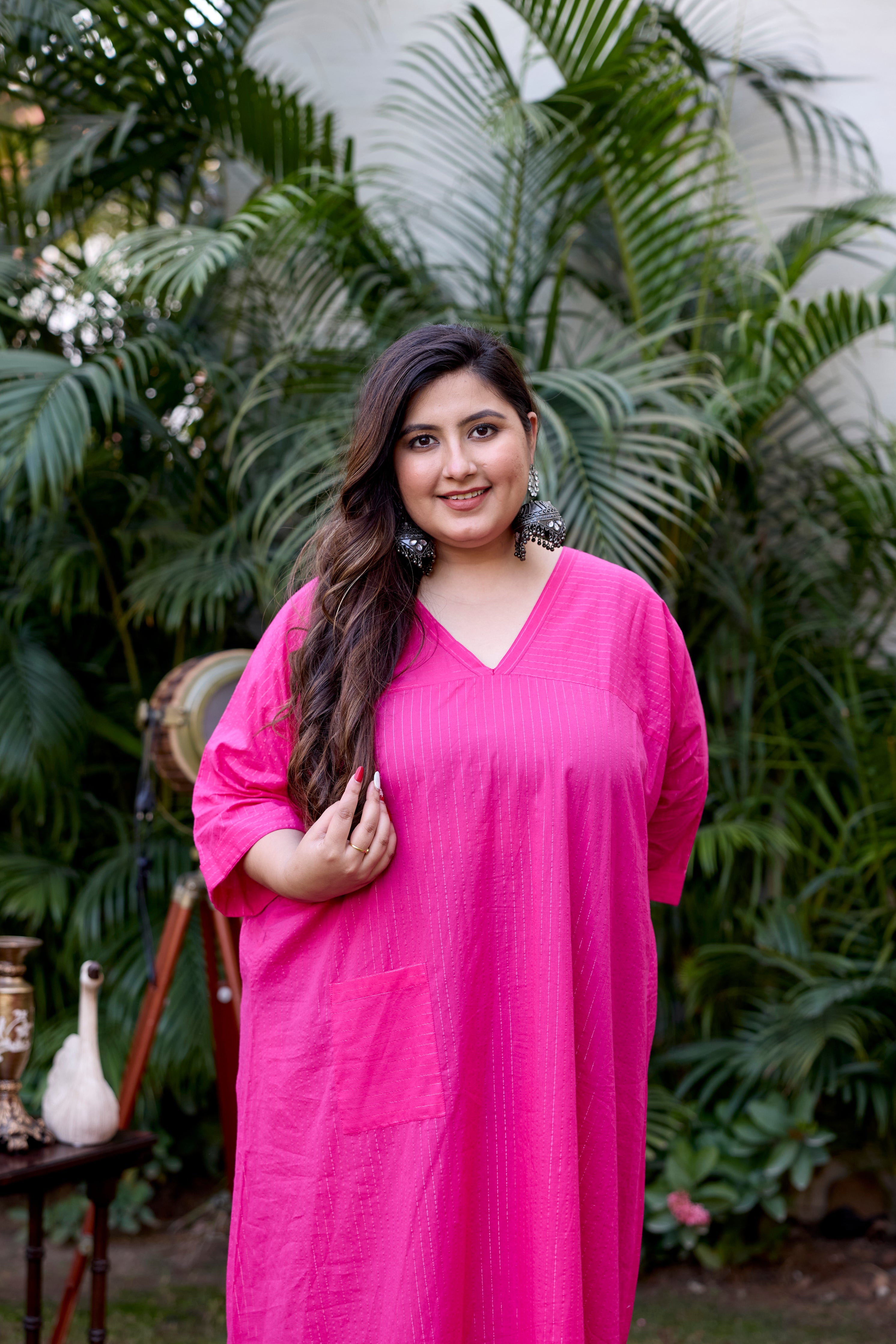 Women's Pink Lurex V-Neck Anti-Fit Dress - Nangalia Ruchira