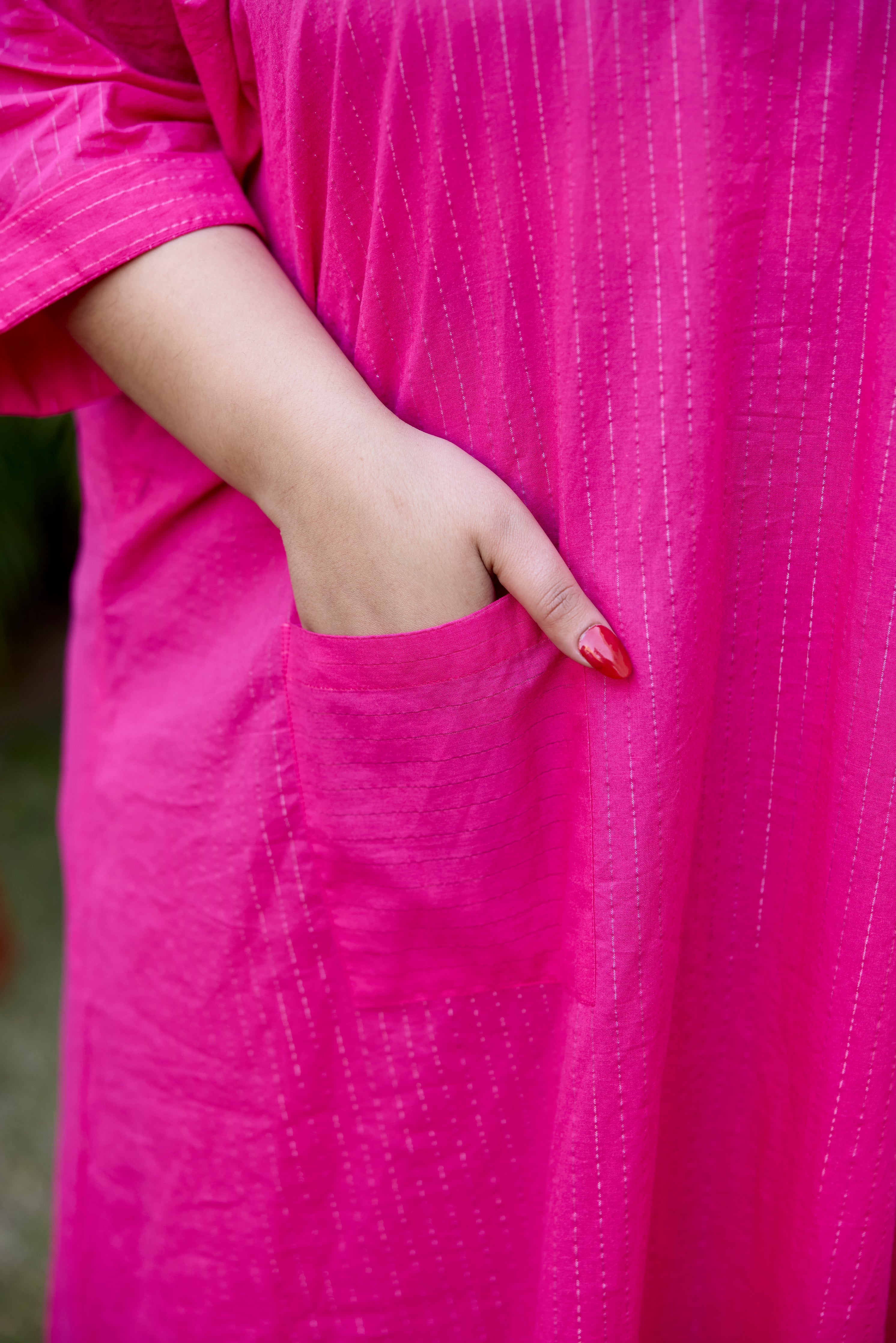 Women's Pink Lurex V-Neck Anti-Fit Dress - Nangalia Ruchira