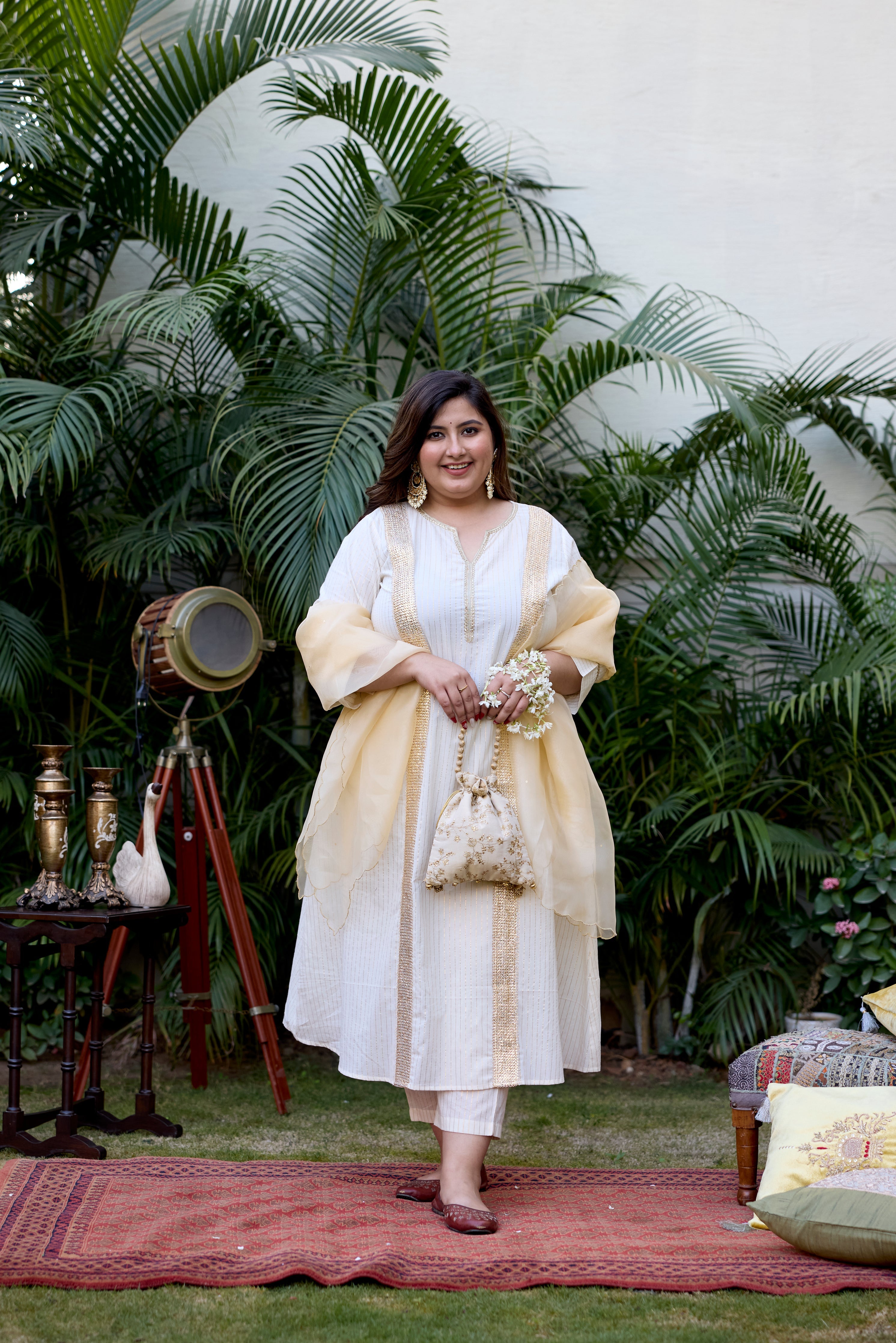 Women's Gold And Ivory Cotton Lurex Suit Set - (Set Of 3) - Nangalia Ruchira