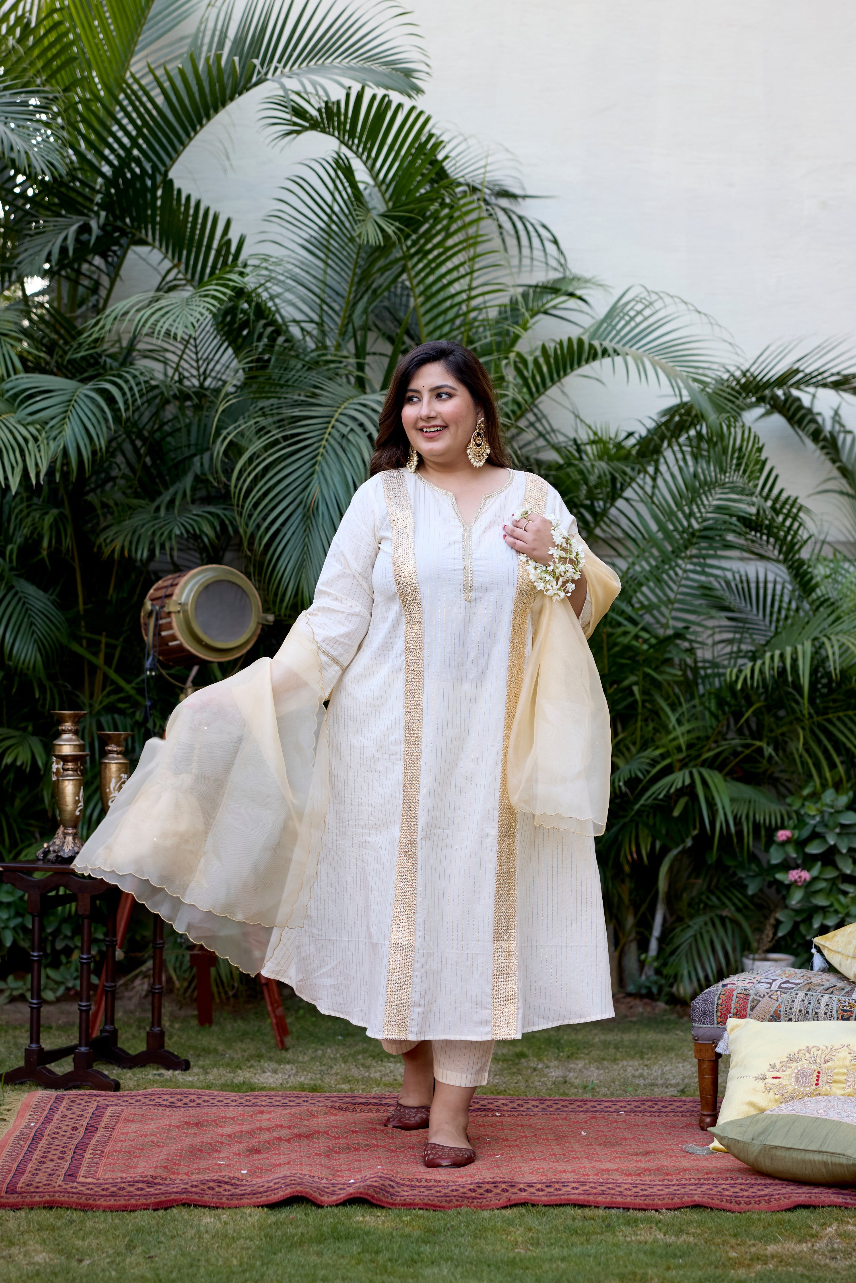 Women's Gold And Ivory Cotton Lurex Suit Set - (Set Of 3) - Nangalia Ruchira