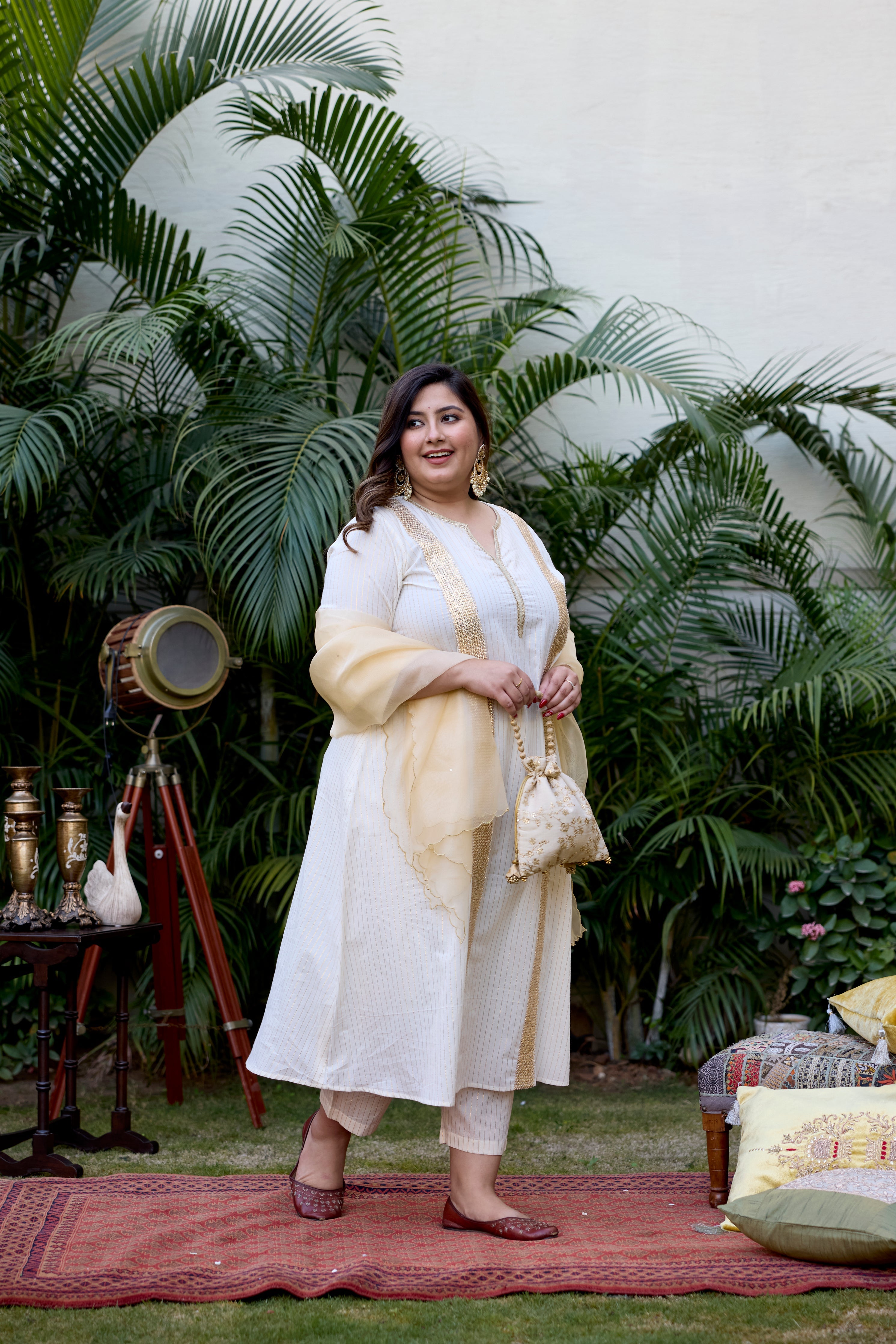 Women's Gold And Ivory Cotton Lurex Suit Set - (Set Of 3) - Nangalia Ruchira