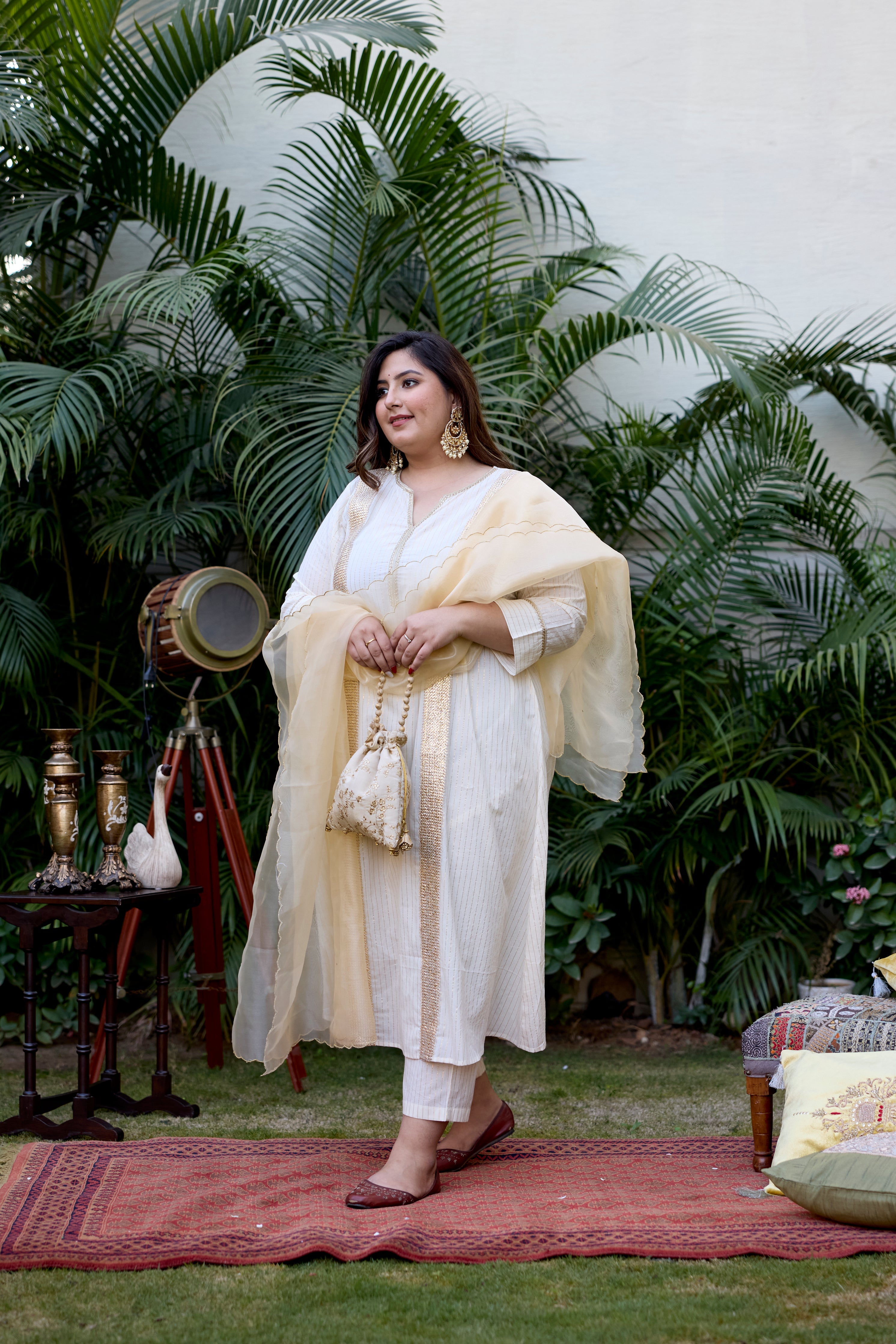 Women's Gold And Ivory Cotton Lurex Suit Set - (Set Of 3) - Nangalia Ruchira