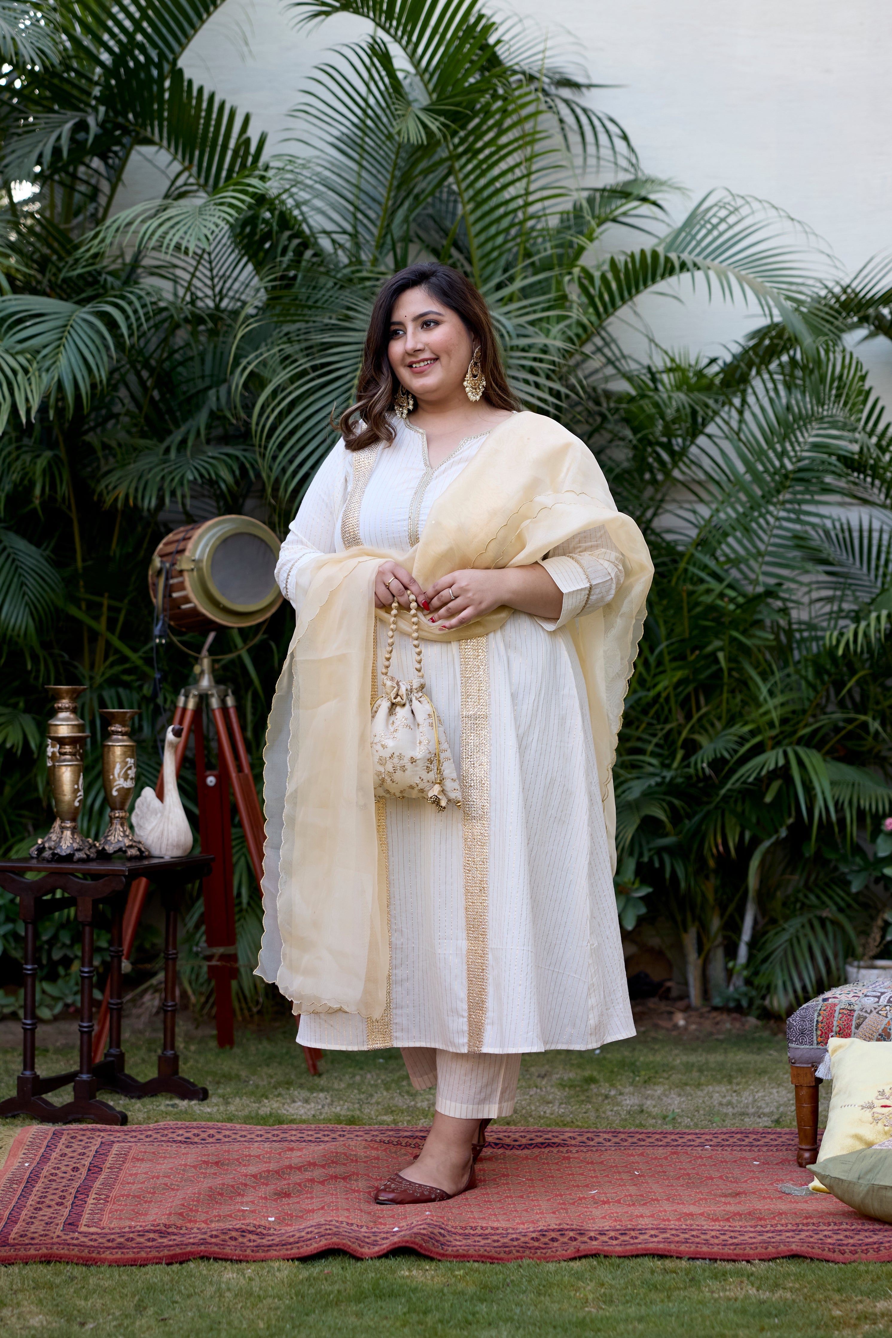 Women's Gold And Ivory Cotton Lurex Suit Set - (Set Of 3) - Nangalia Ruchira