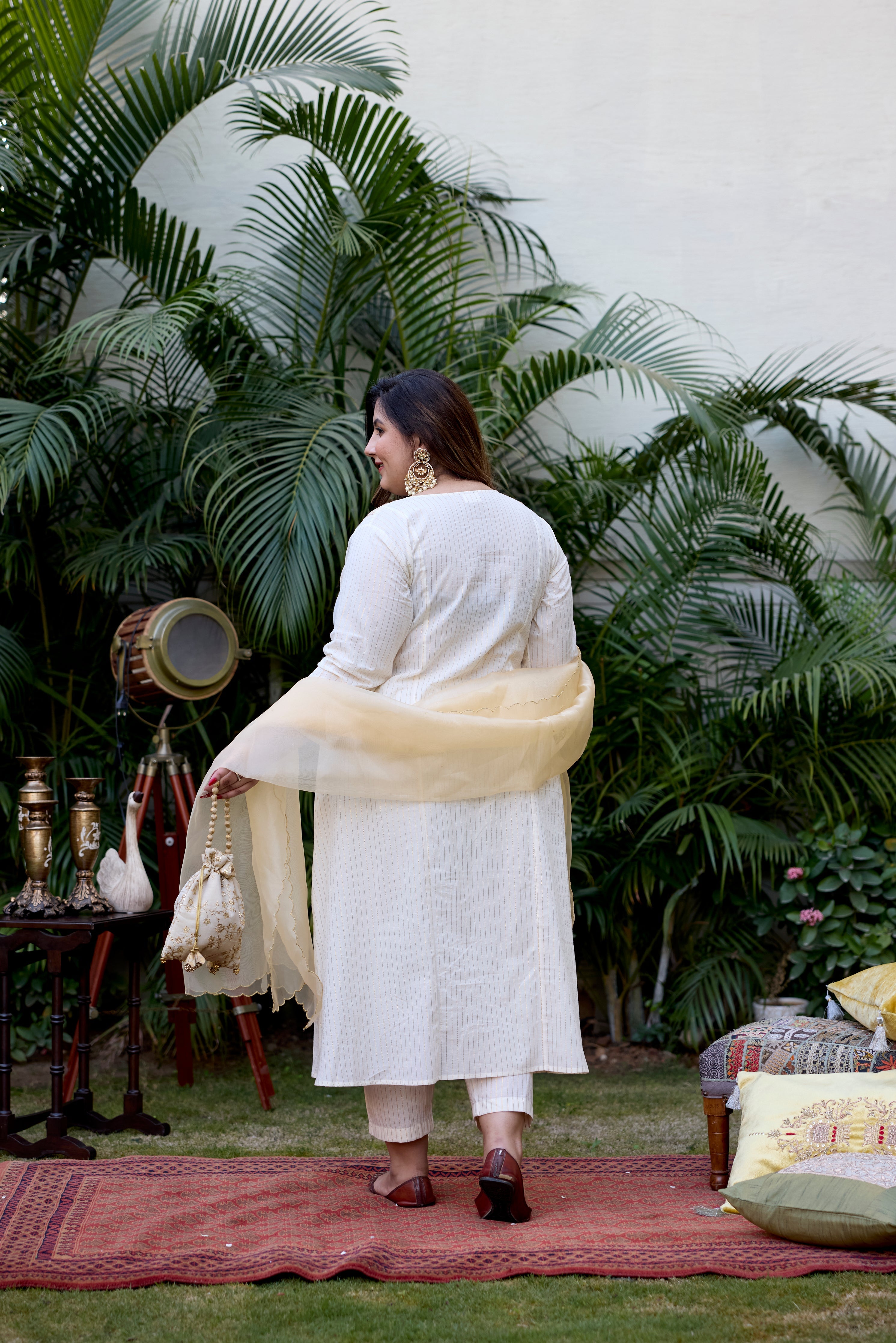 Women's Gold And Ivory Cotton Lurex Suit Set - (Set Of 3) - Nangalia Ruchira