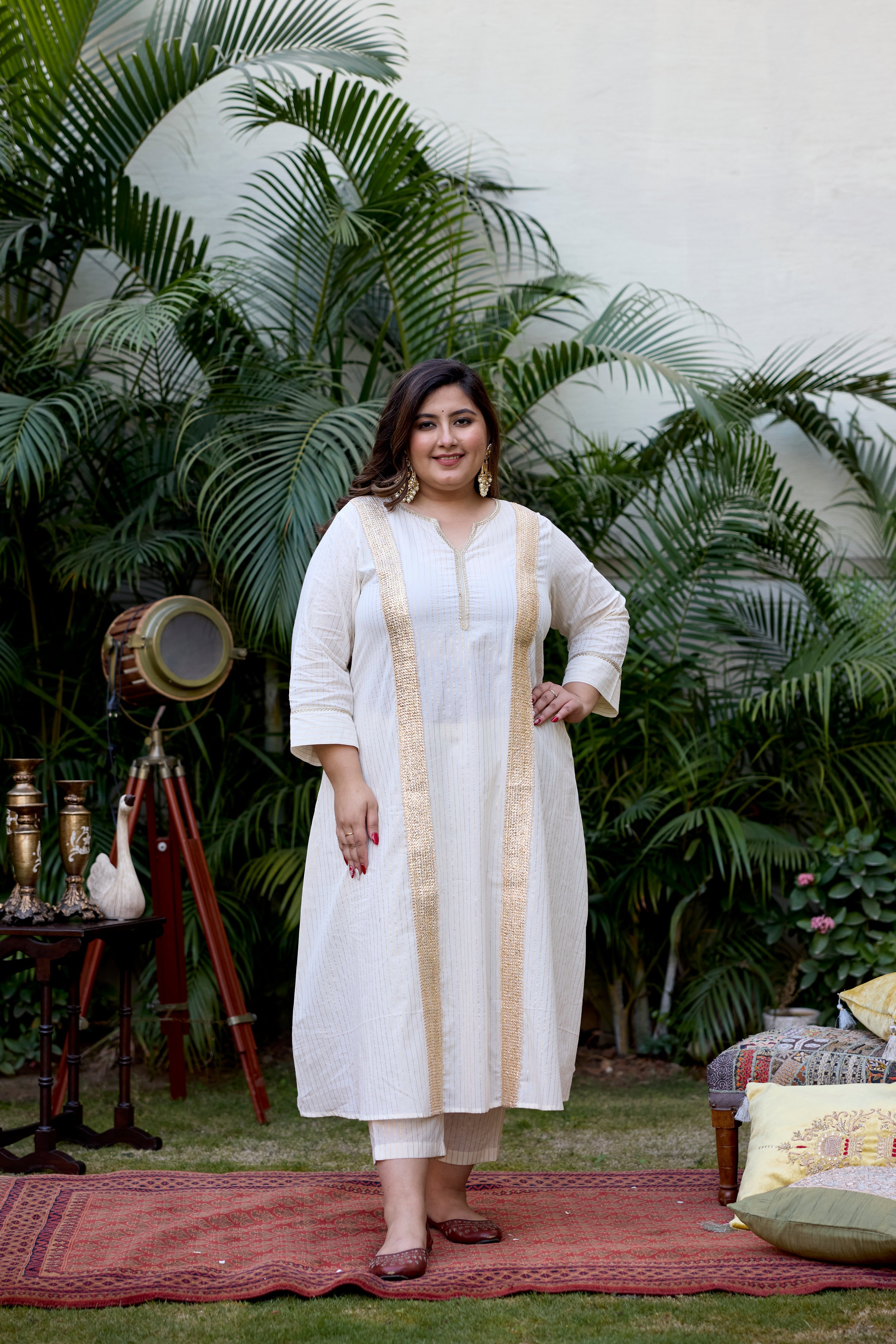 Women's Gold And Ivory Cotton Lurex Suit Set - (Set Of 3) - Nangalia Ruchira