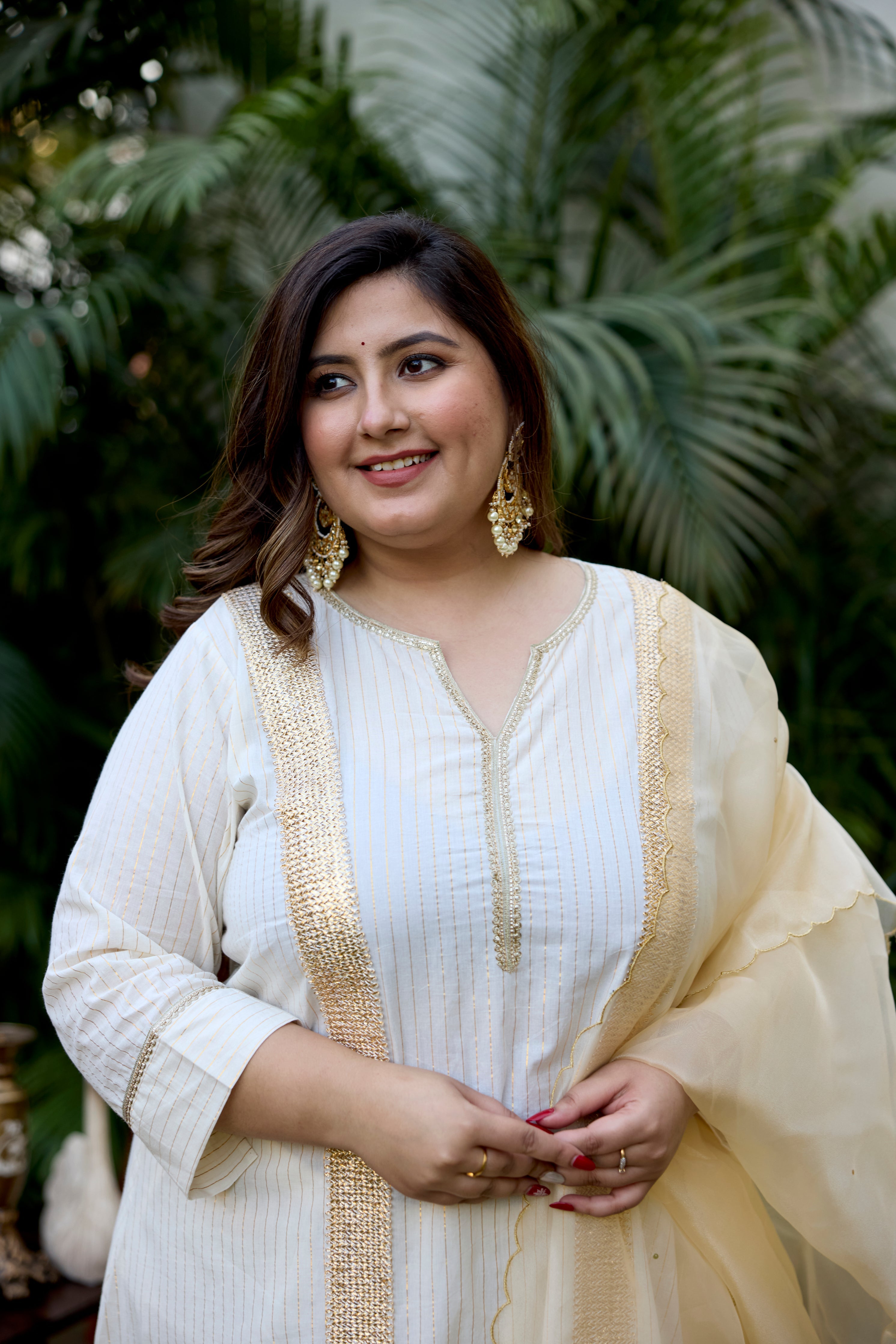 Women's Gold And Ivory Cotton Lurex Suit Set - (Set Of 3) - Nangalia Ruchira