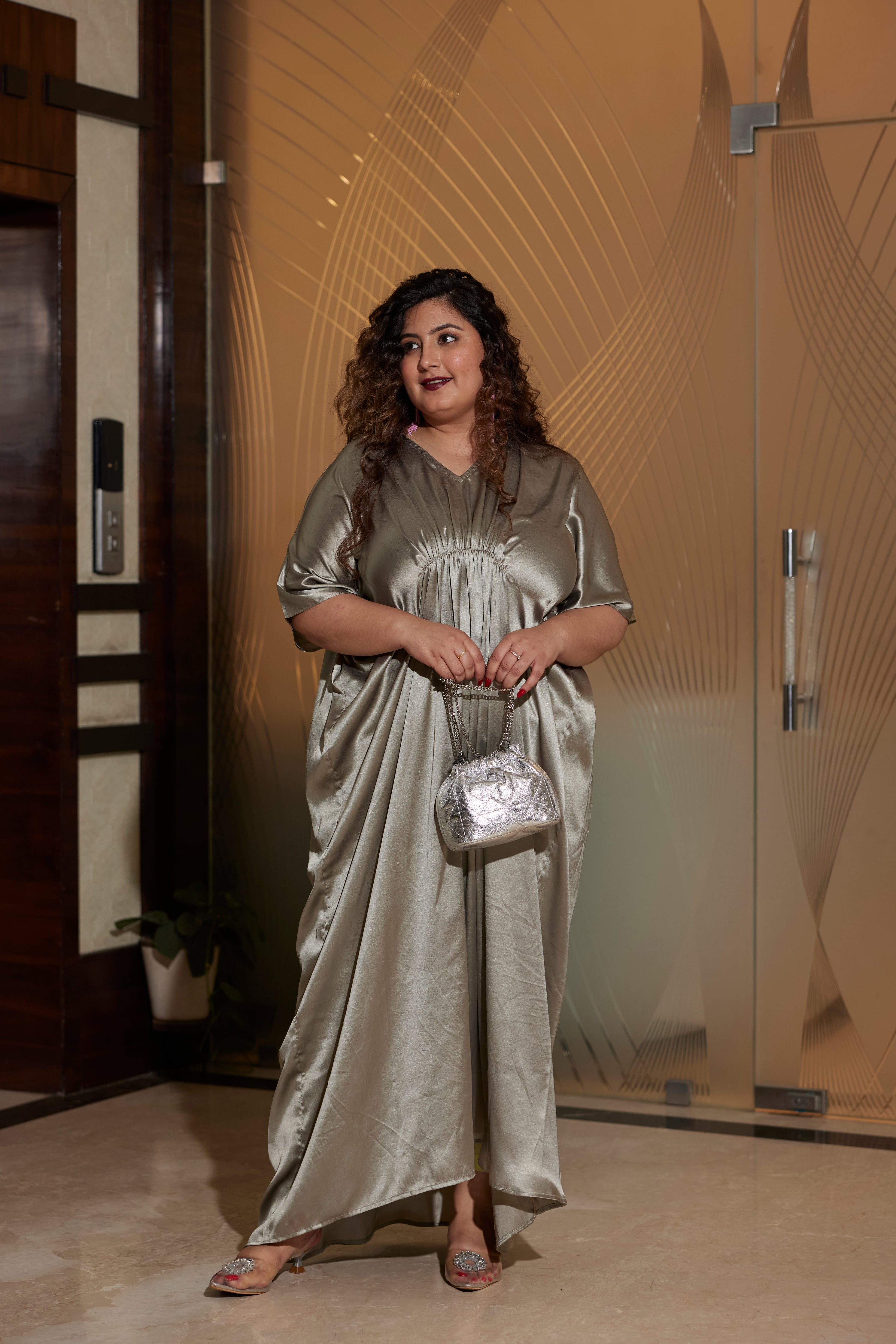 Women's Grey Satin Draped Gown - Nangalia Ruchira