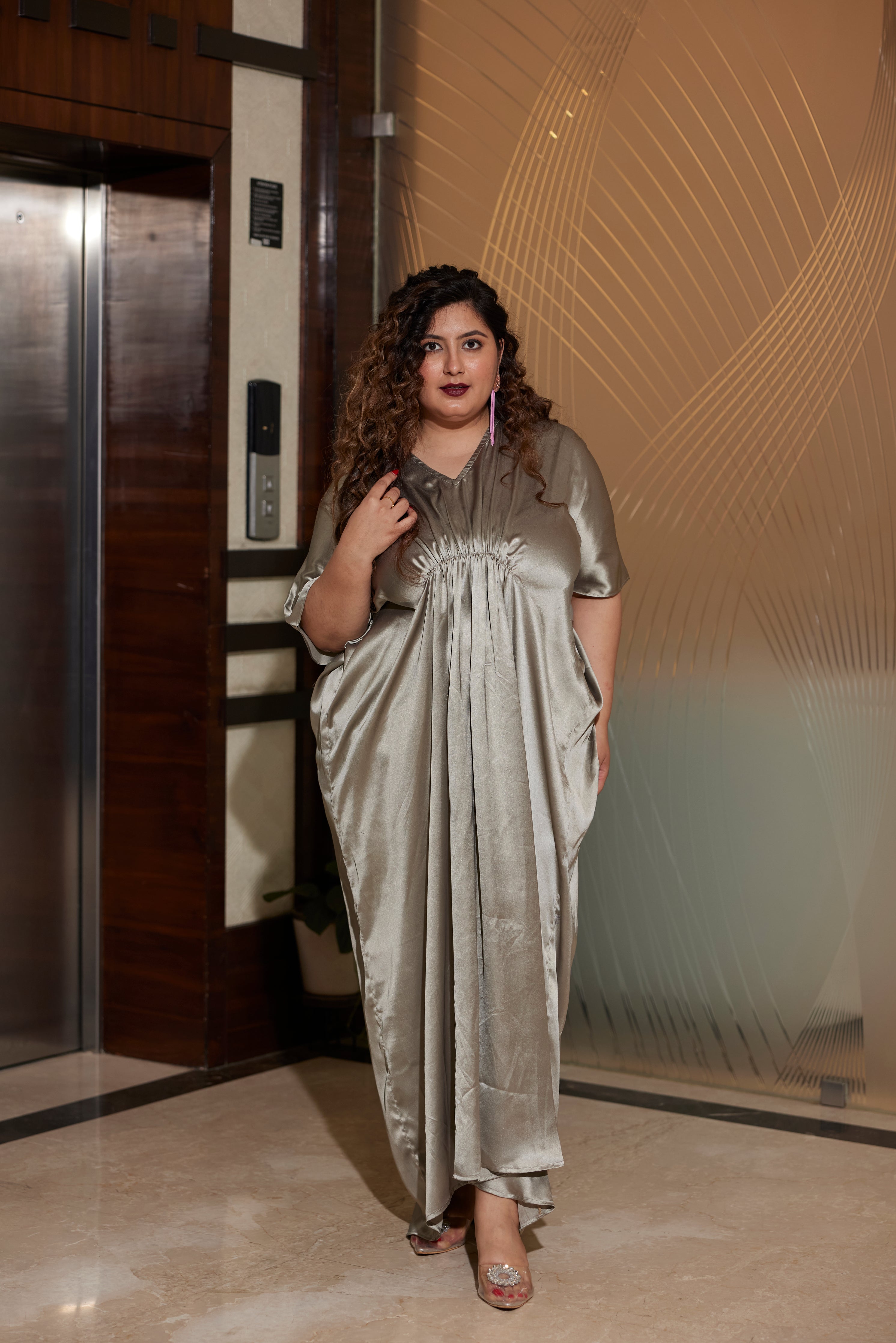 Women's Grey Satin Draped Gown - Nangalia Ruchira