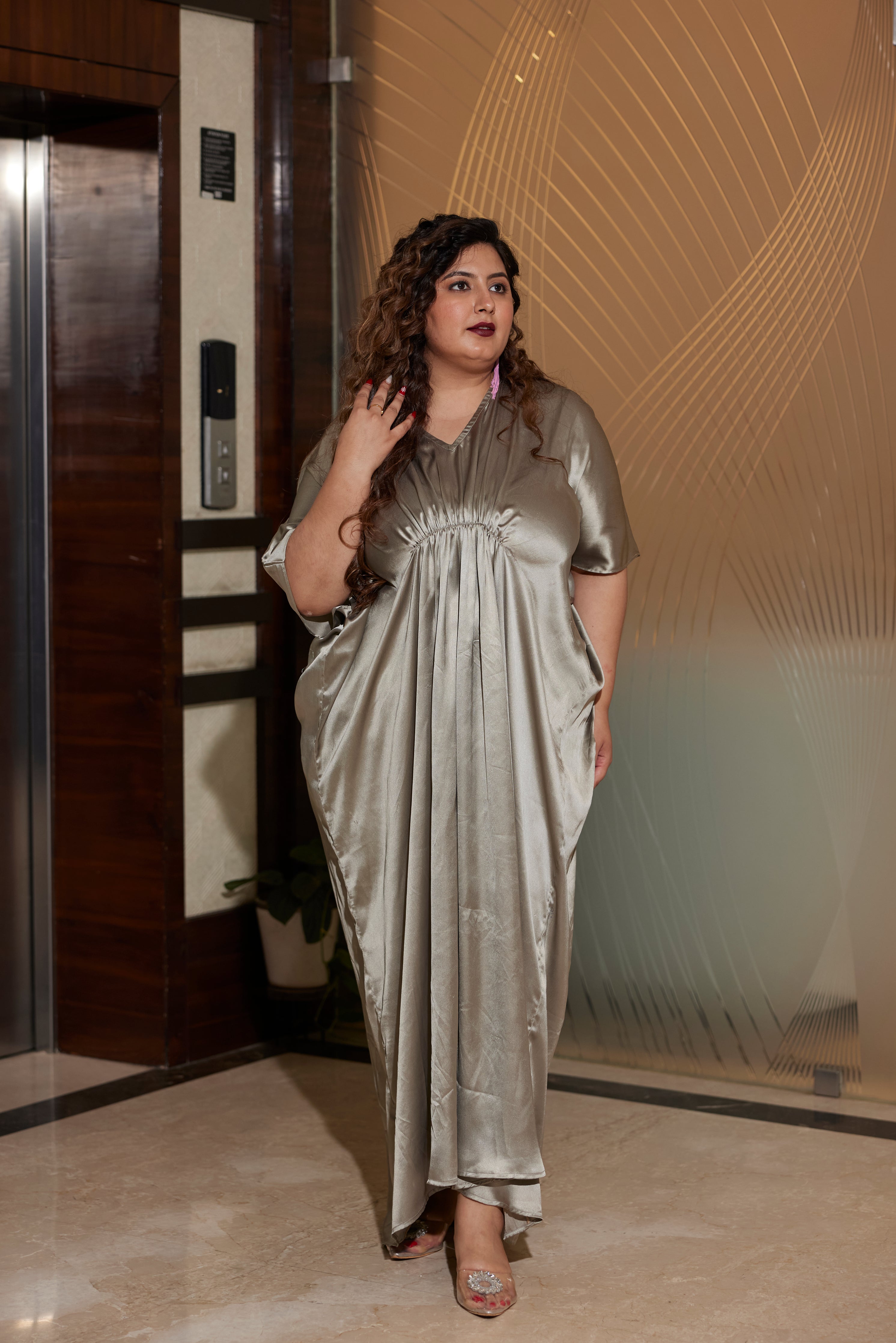 Women's Grey Satin Draped Gown - Nangalia Ruchira