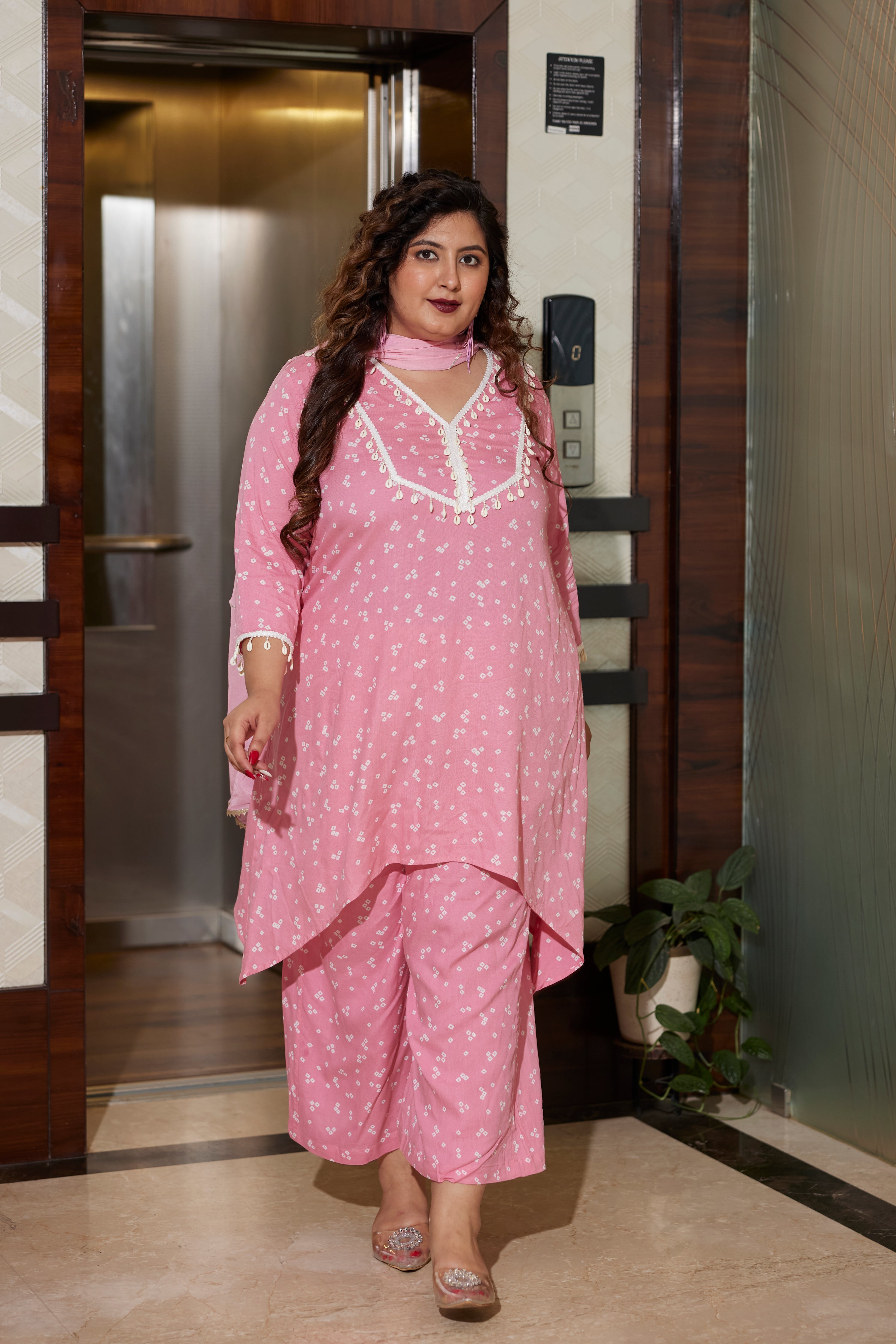 Women's Pink Bandhani Modal Printed Co-Ord Set (Set Of 3) - Nangalia Ruchira