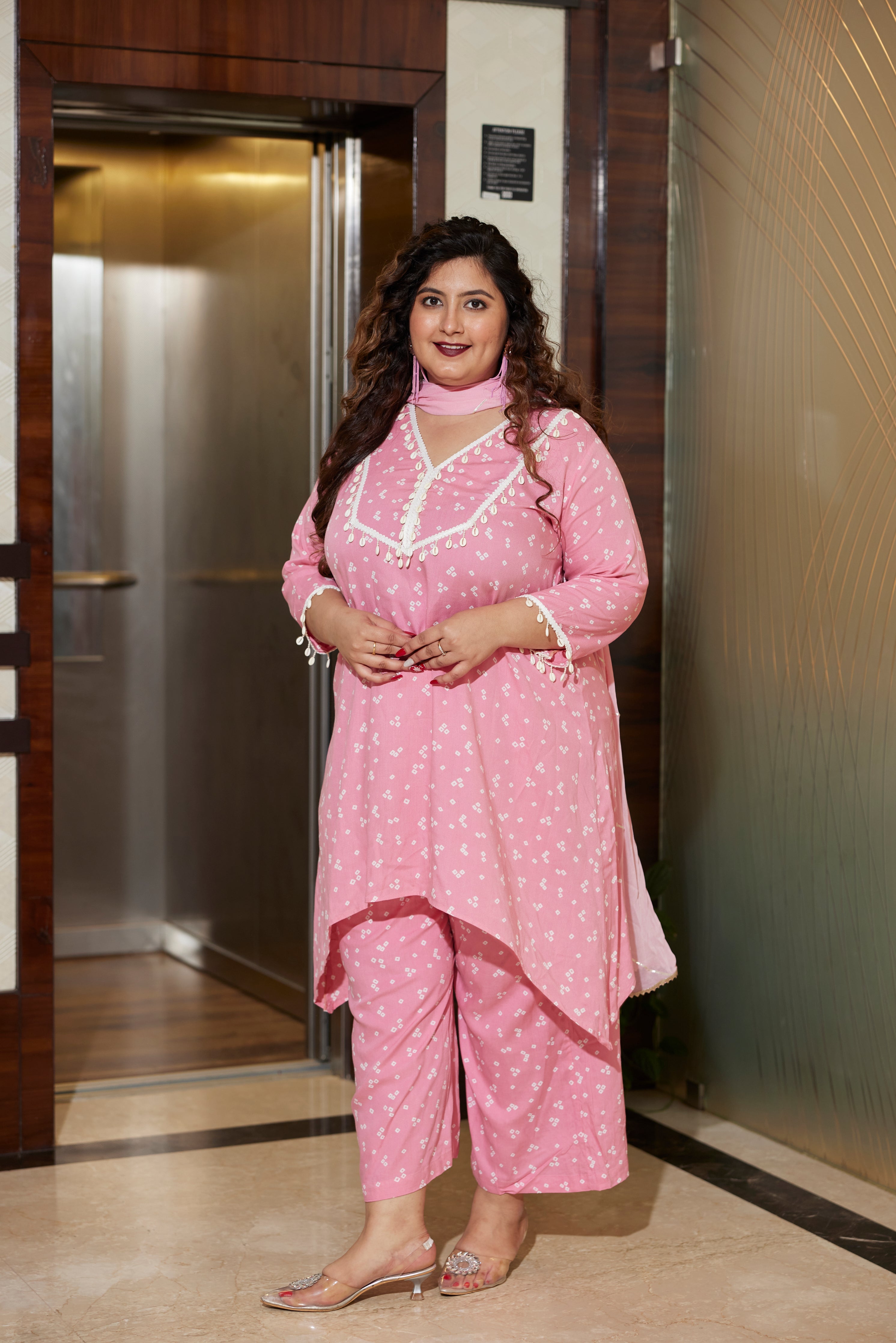 Women's Pink Bandhani Modal Printed Co-Ord Set (Set Of 3) - Nangalia Ruchira