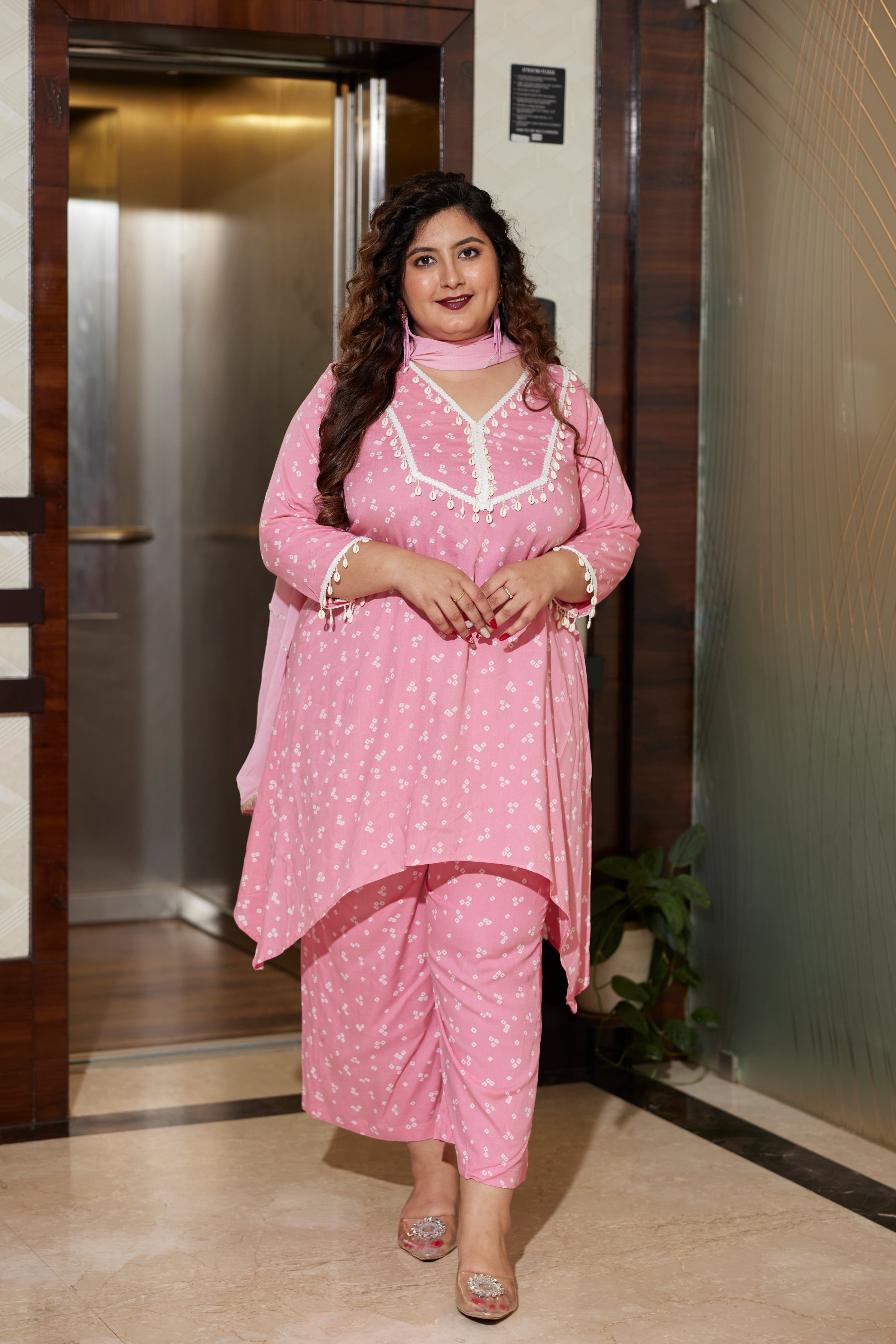 Women's Pink Bandhani Modal Printed Co-Ord Set (Set Of 3) - Nangalia Ruchira