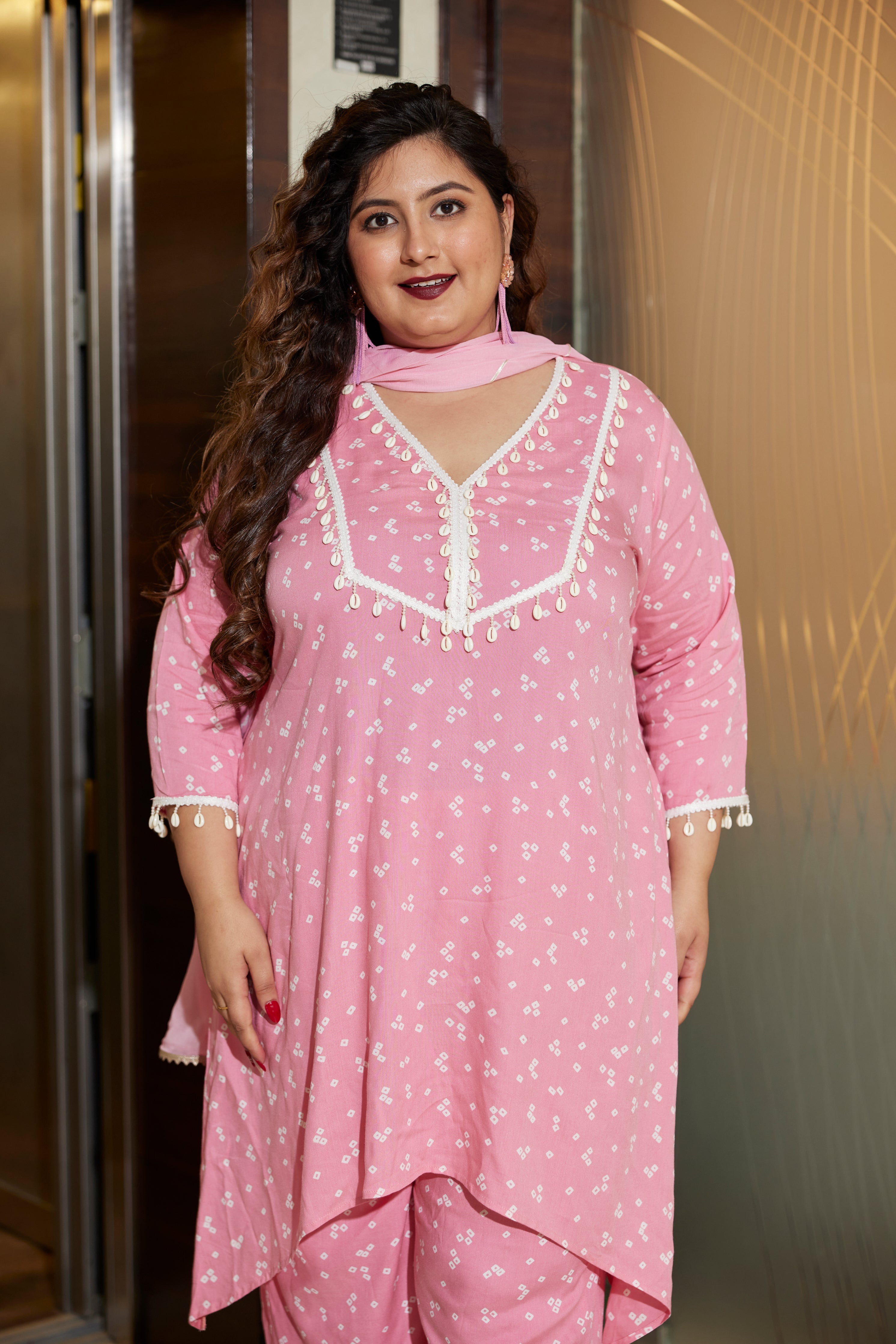 Women's Pink Bandhani Modal Printed Co-Ord Set (Set Of 3) - Nangalia Ruchira