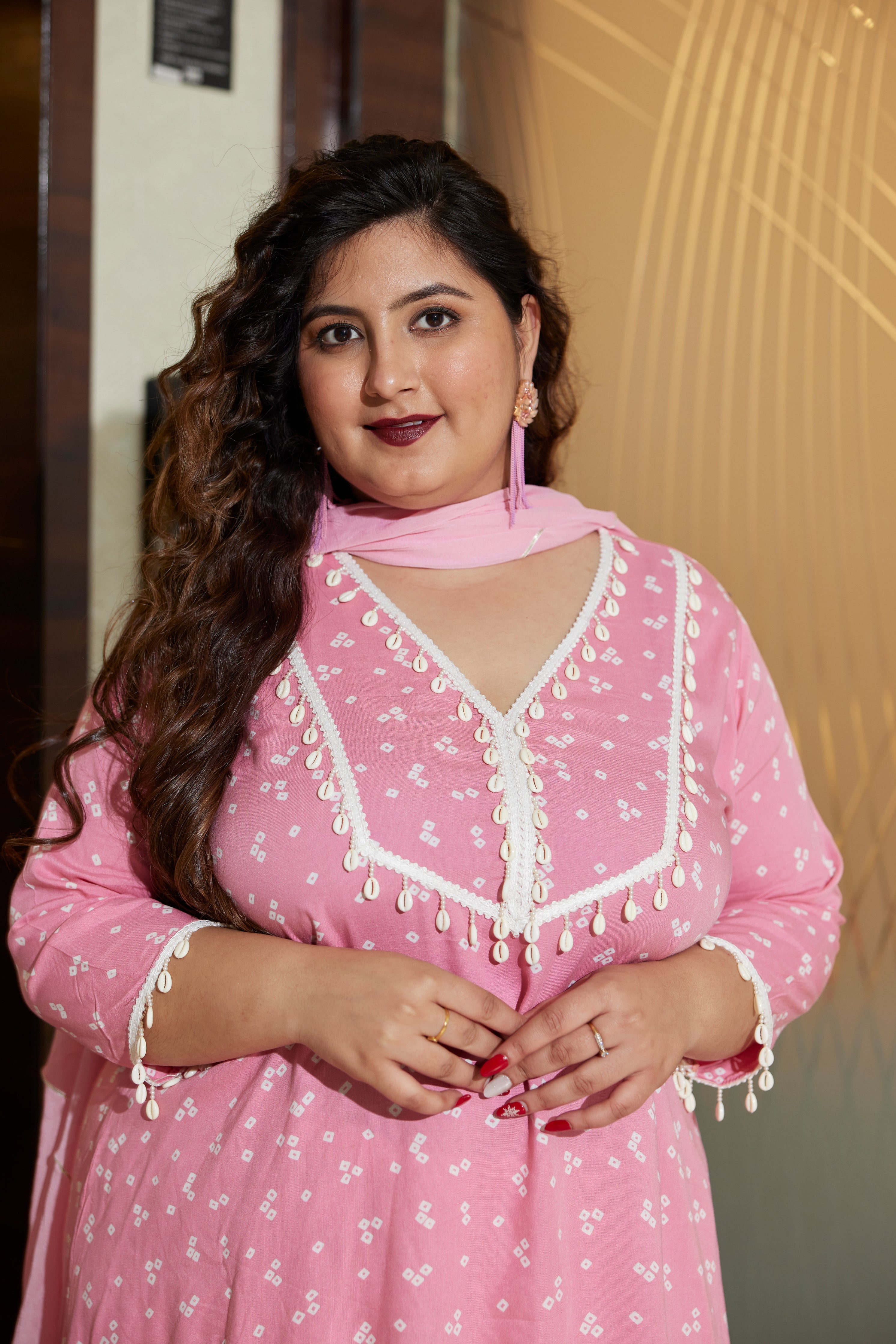 Women's Pink Bandhani Modal Printed Co-Ord Set (Set Of 3) - Nangalia Ruchira