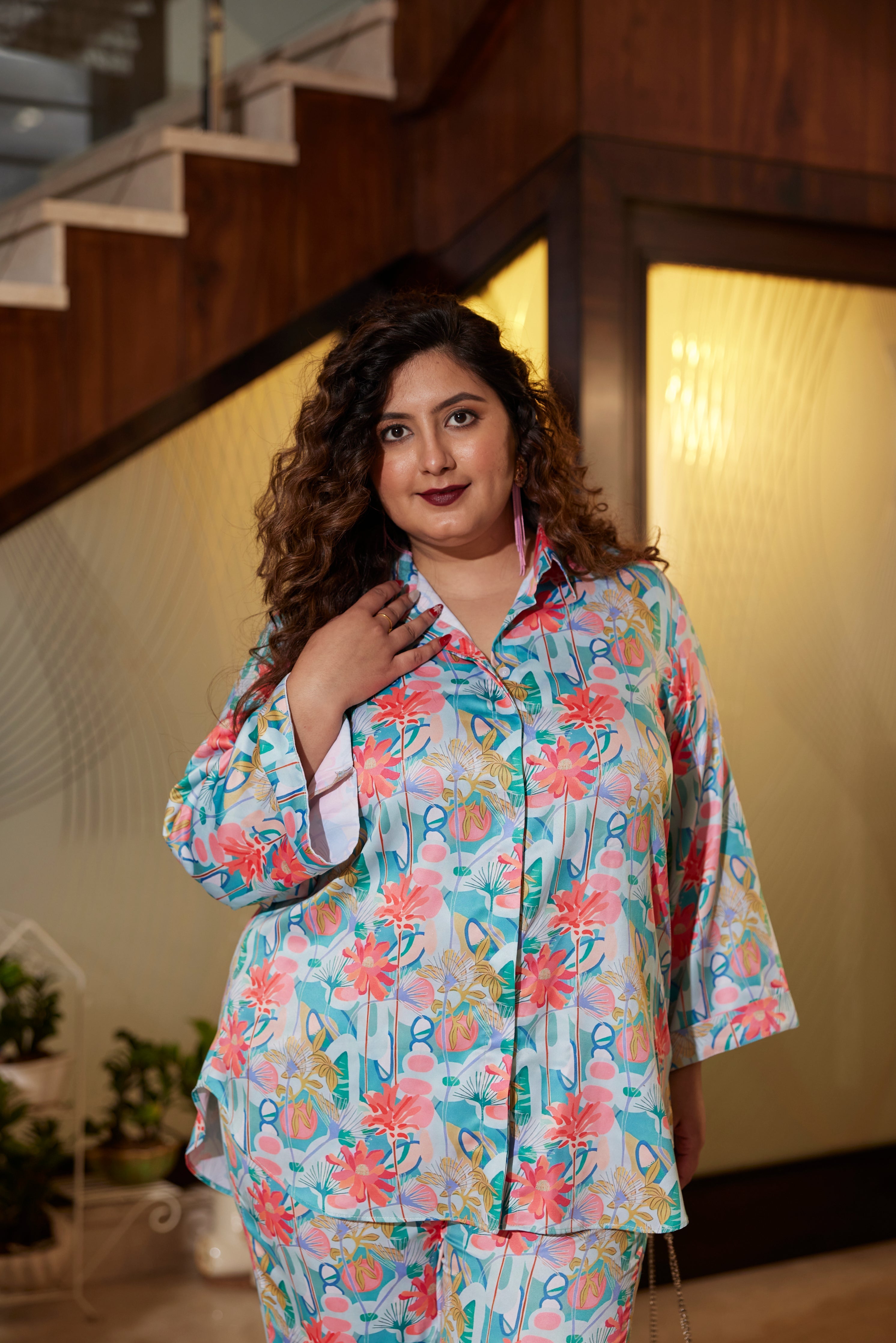 Women's Blue Digital Print Satin Collared Co-Ord Set(Set Of 2) - Nangalia Ruchira