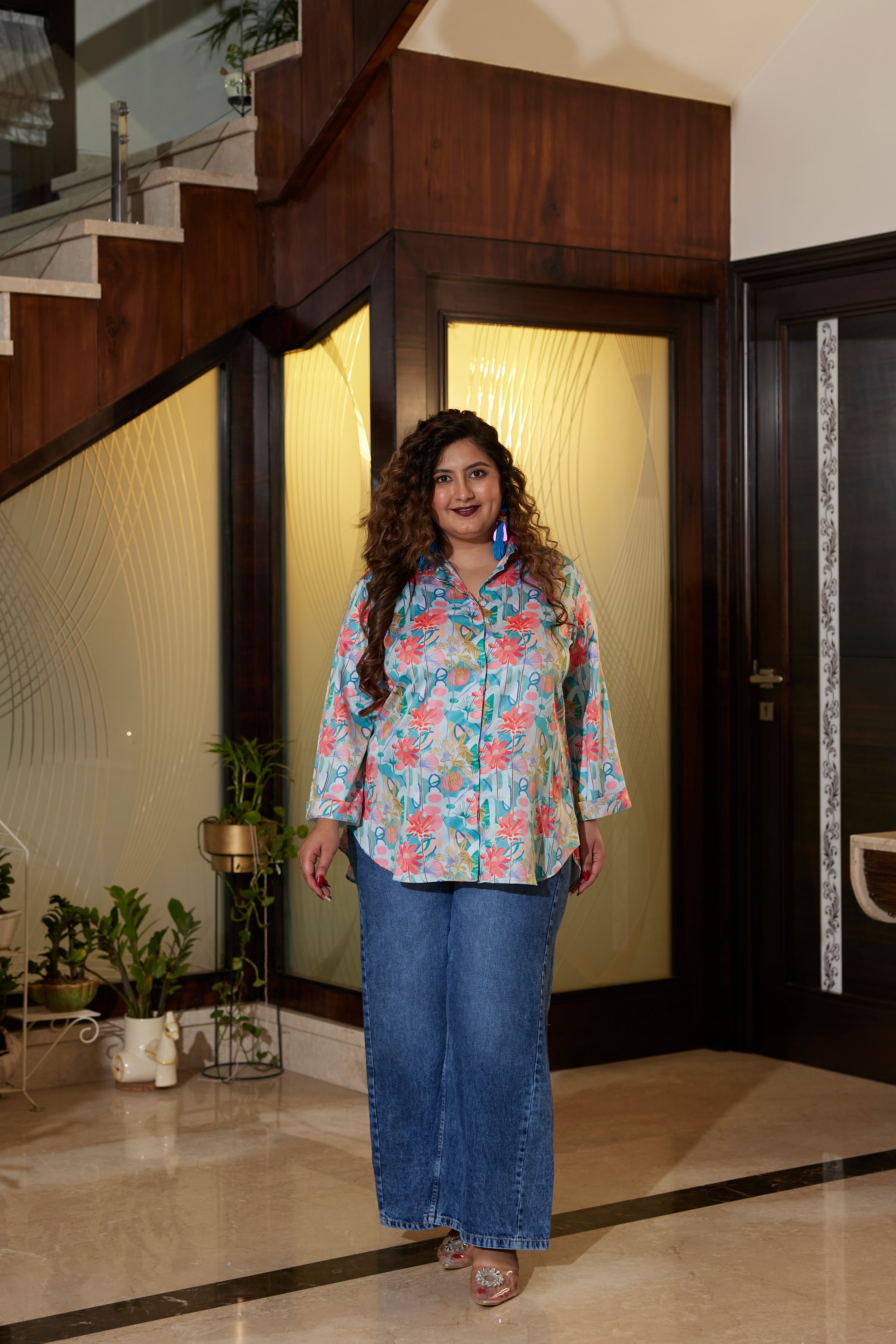 Women's Blue Satin Digital Print Shirt - Nangalia Ruchira