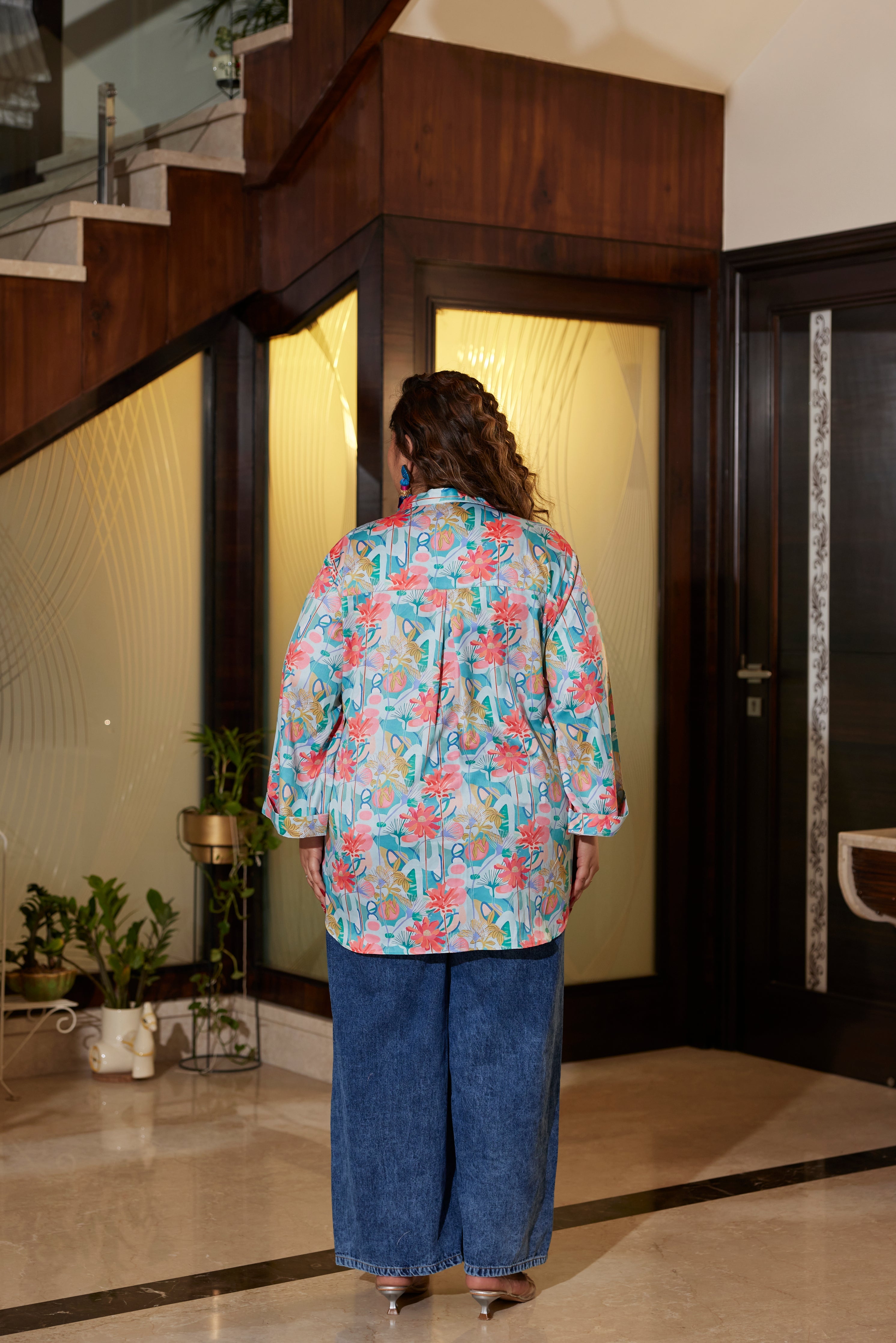 Women's Blue Satin Digital Print Shirt - Nangalia Ruchira