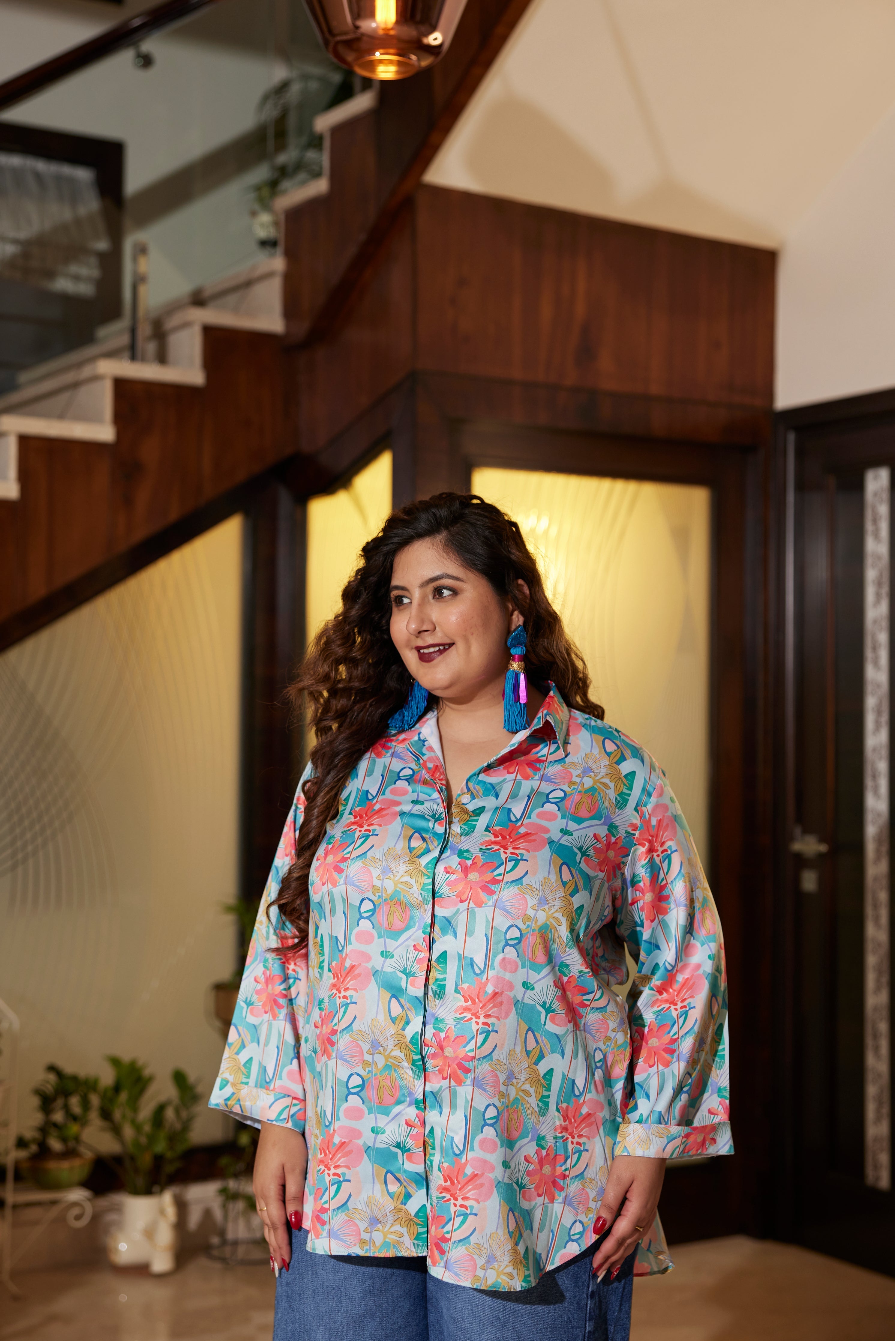 Women's Blue Satin Digital Print Shirt - Nangalia Ruchira