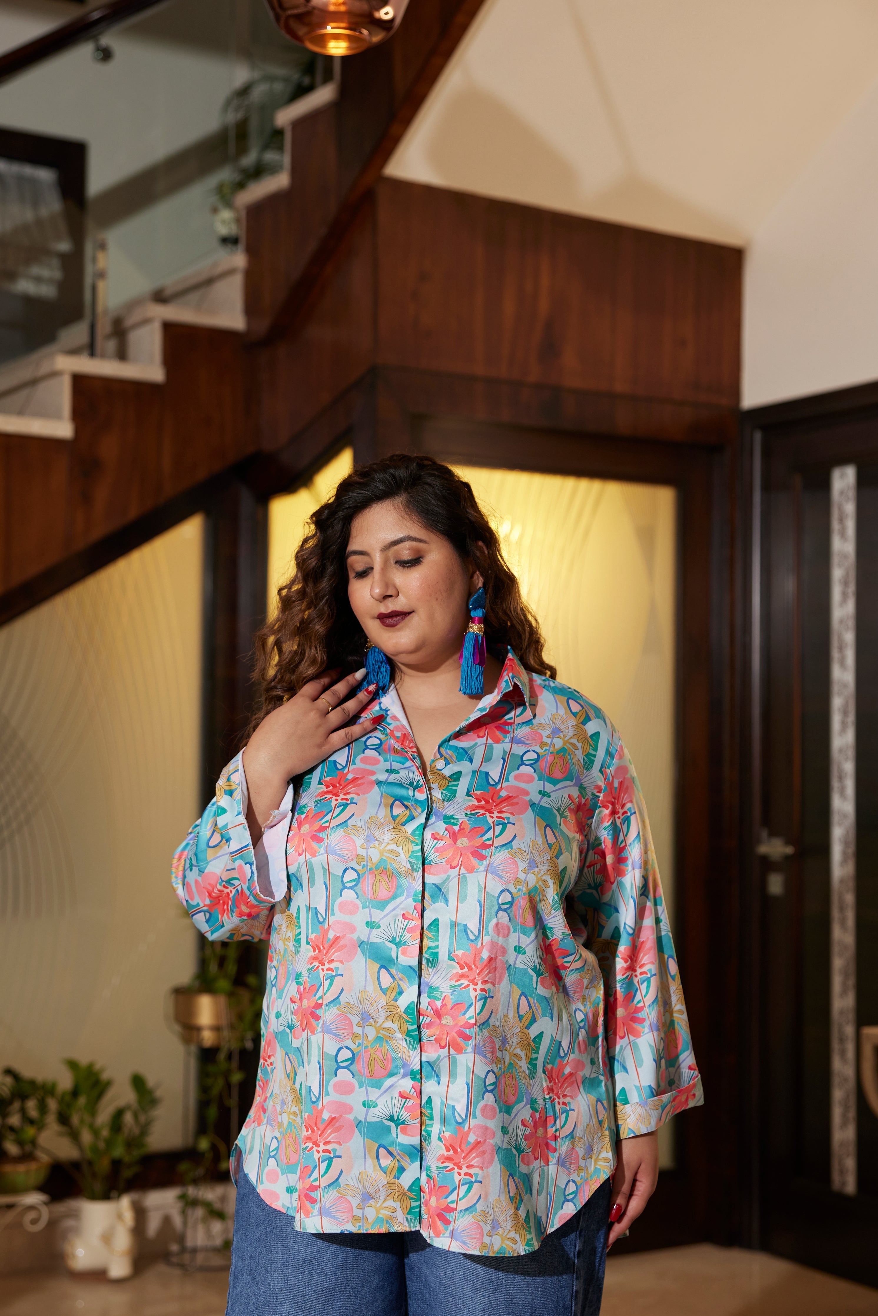 Women's Blue Satin Digital Print Shirt - Nangalia Ruchira