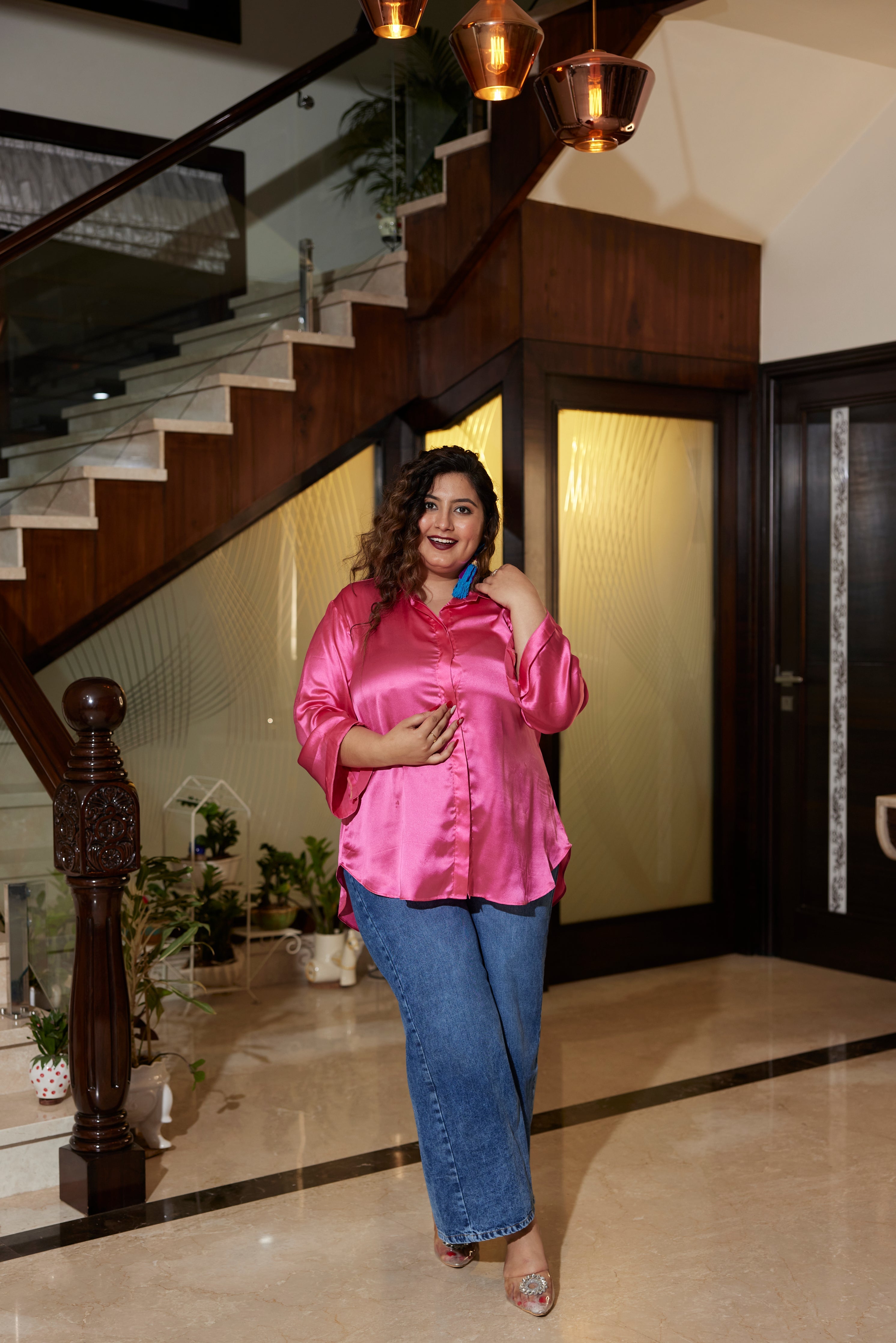 Women's Pink Satin Oversized Shirt (Only Shirt) - Nangalia Ruchira