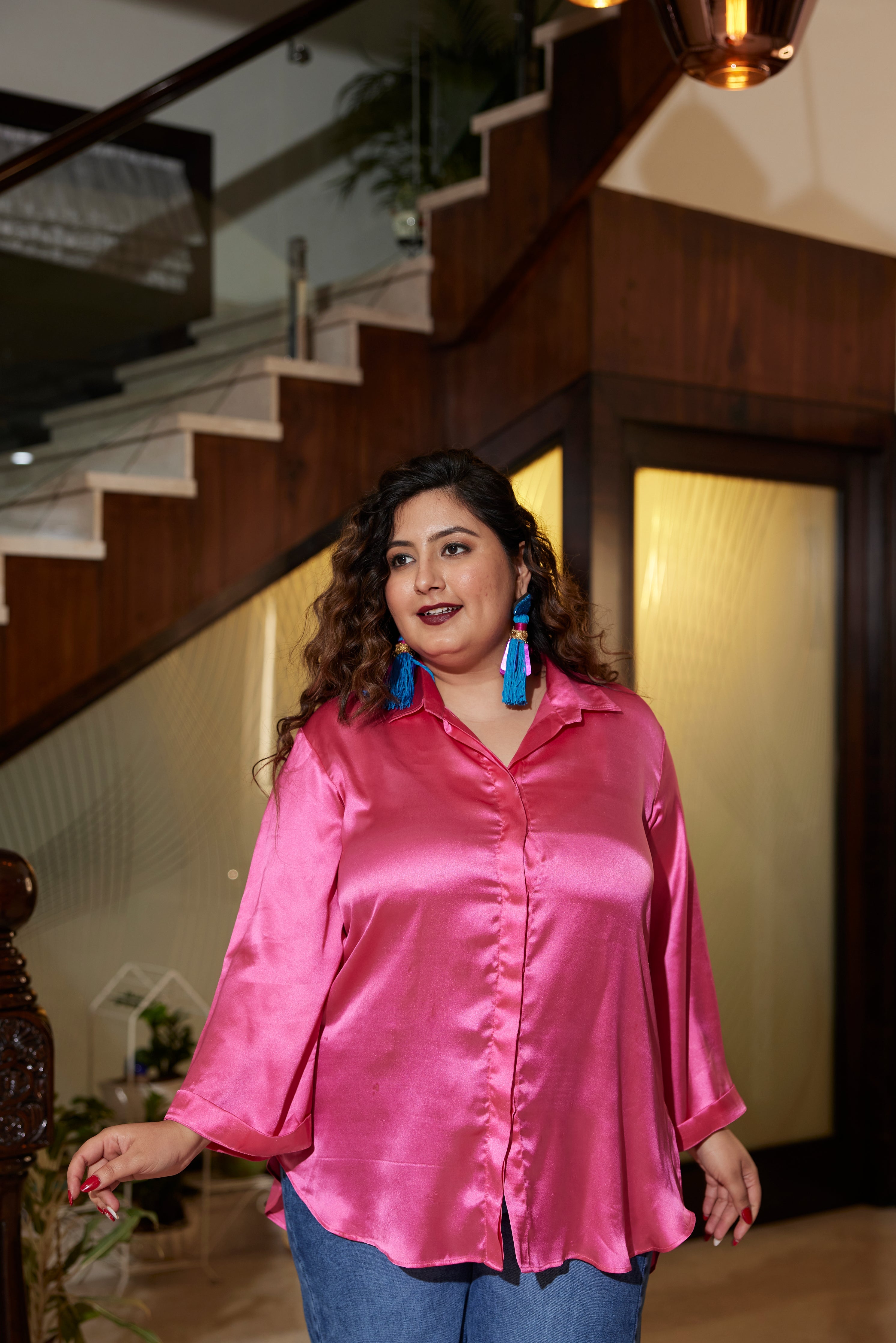 Women's Pink Satin Oversized Shirt (Only Shirt) - Nangalia Ruchira