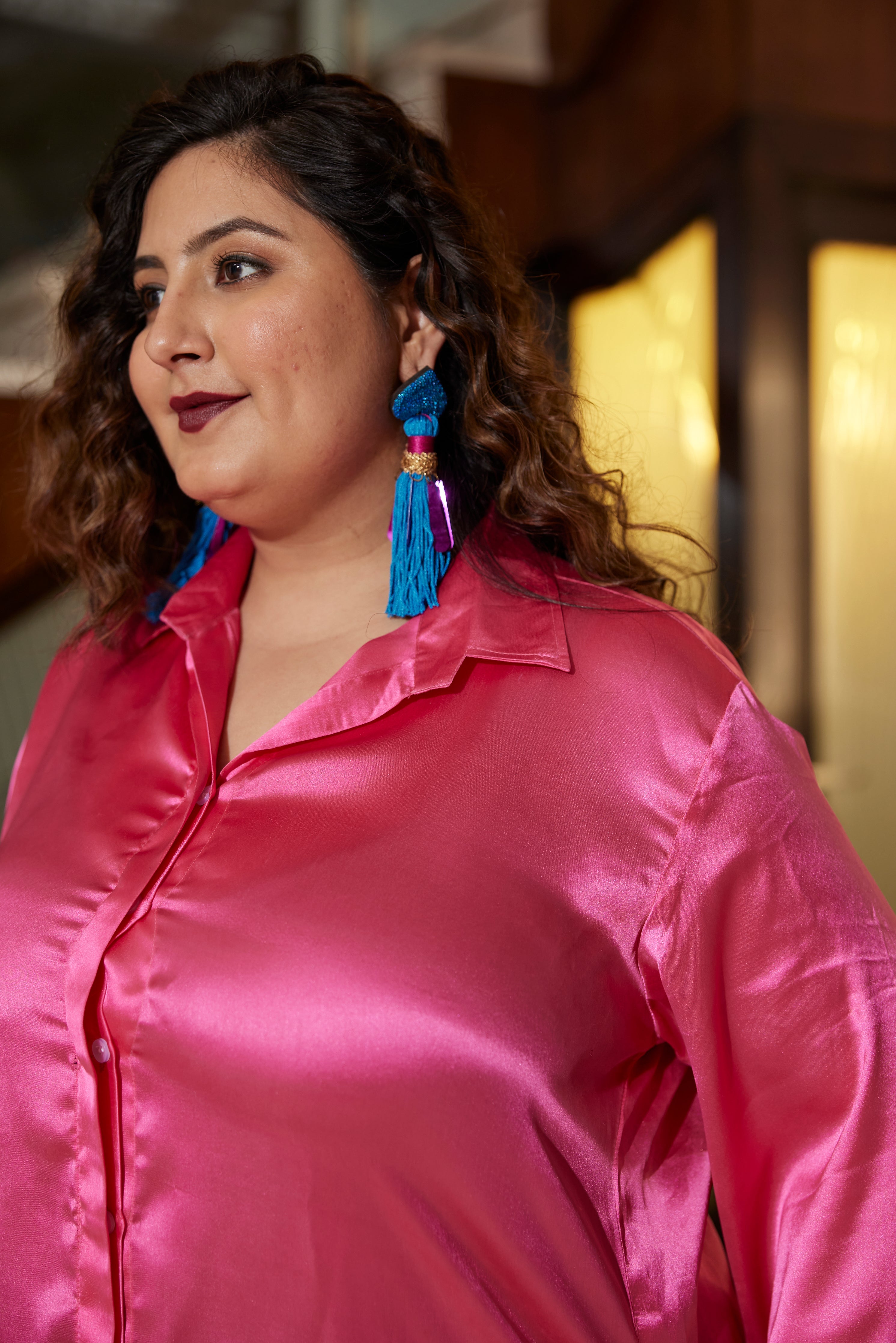 Women's Pink Satin Oversized Shirt (Only Shirt) - Nangalia Ruchira