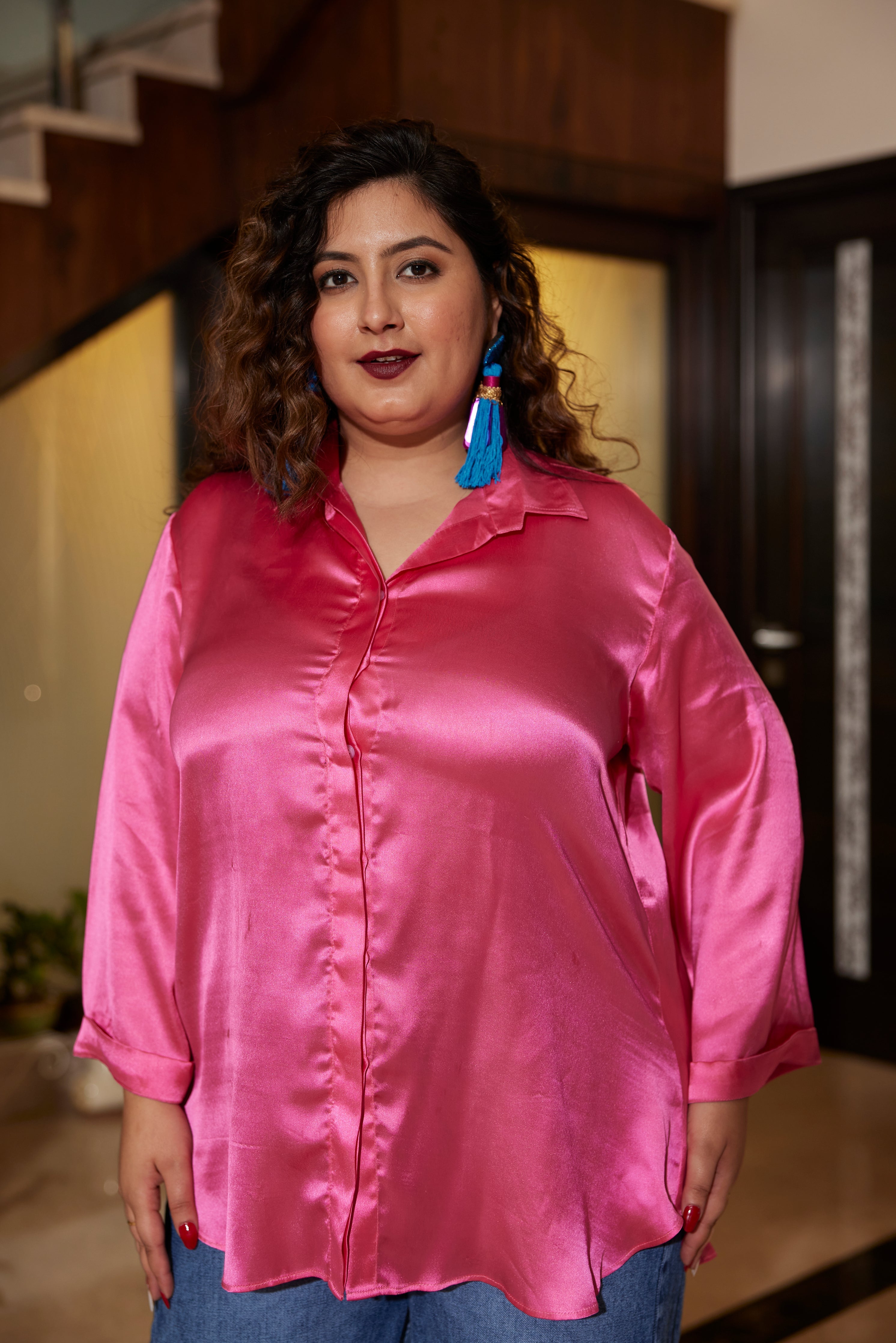 Women's Pink Satin Oversized Shirt (Only Shirt) - Nangalia Ruchira