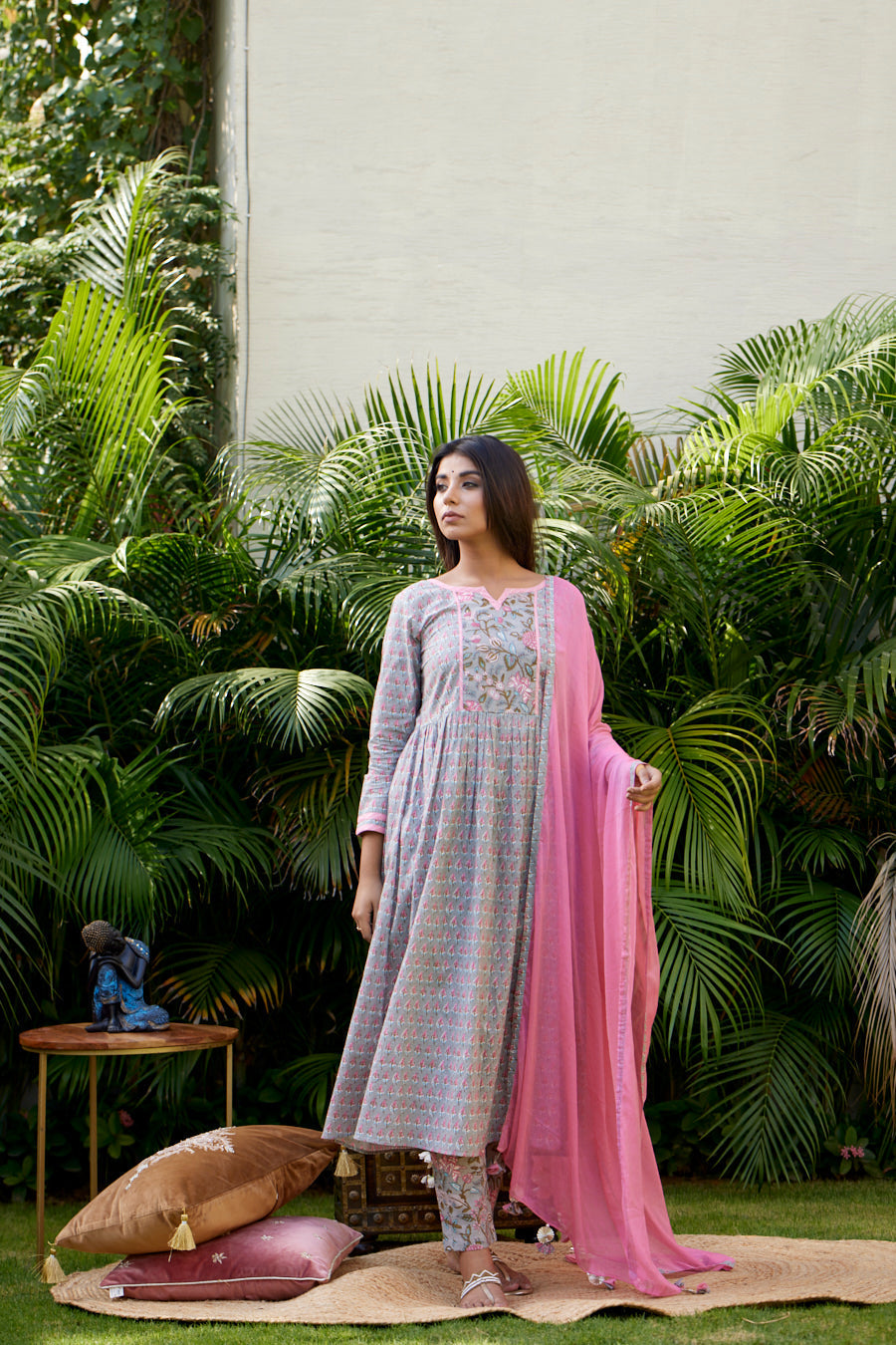 Women's Pink Grey Floral Anarkali Set - Nangalia Ruchira