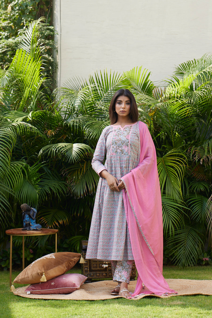 Women's Pink Grey Floral Anarkali Set - Nangalia Ruchira