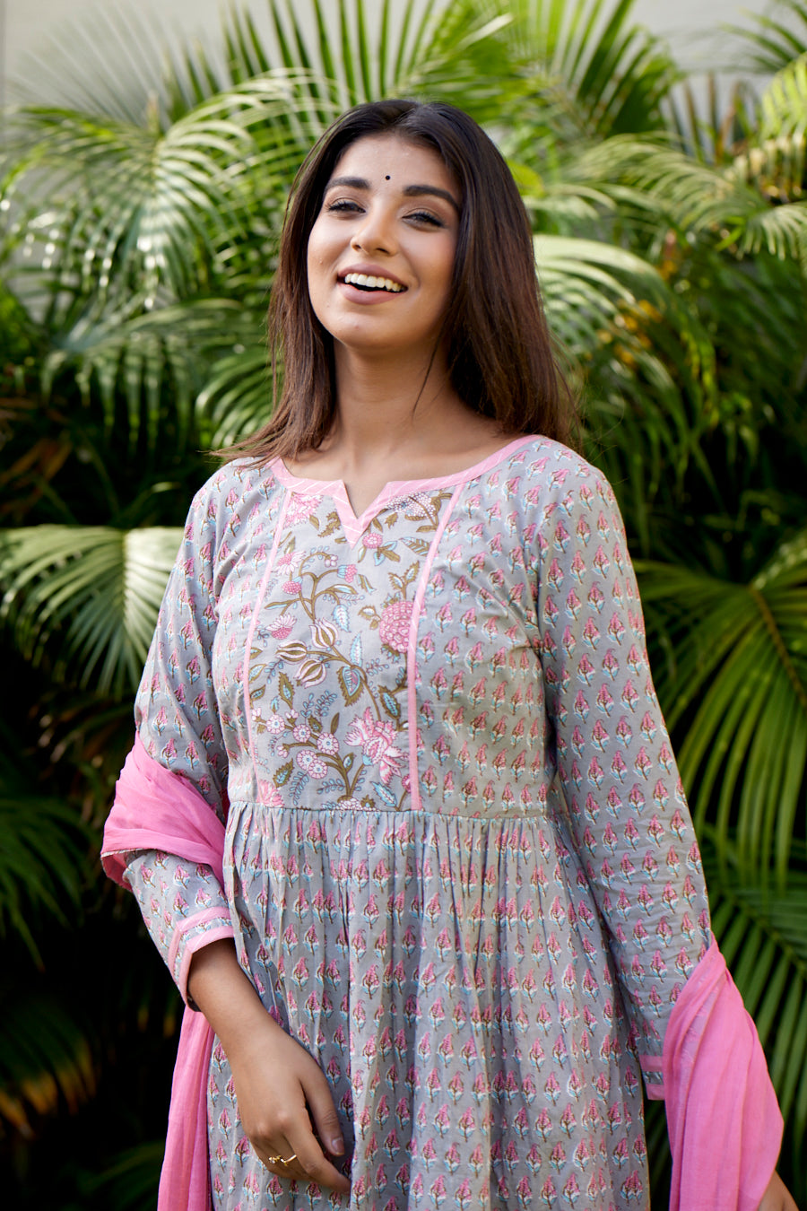Women's Pink Grey Floral Anarkali Set - Nangalia Ruchira
